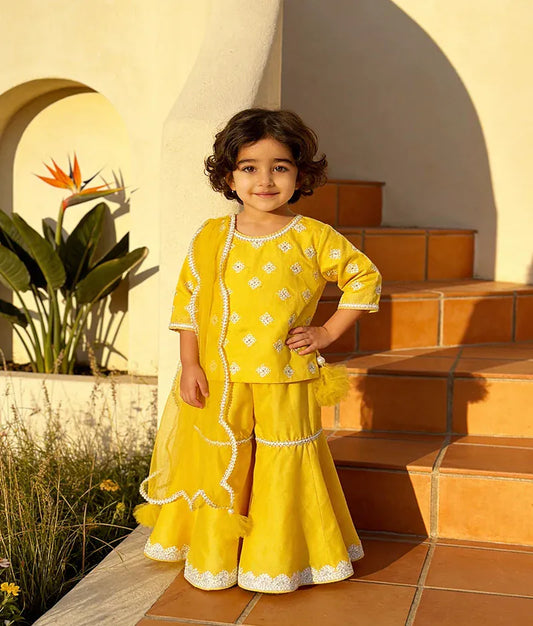 Luxe Yellow Embroidery Sharara with Kurti Net Dupatta for Girls