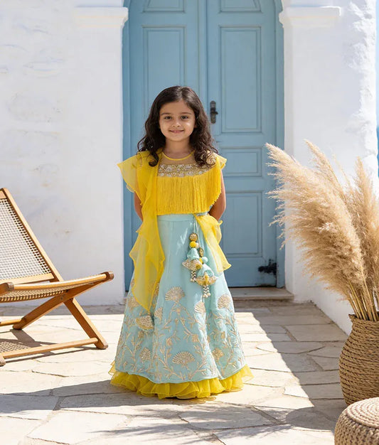 Luxe Yellow Tassel Aqua Gota Lehenga with Choli Organza Dupatta for Girls