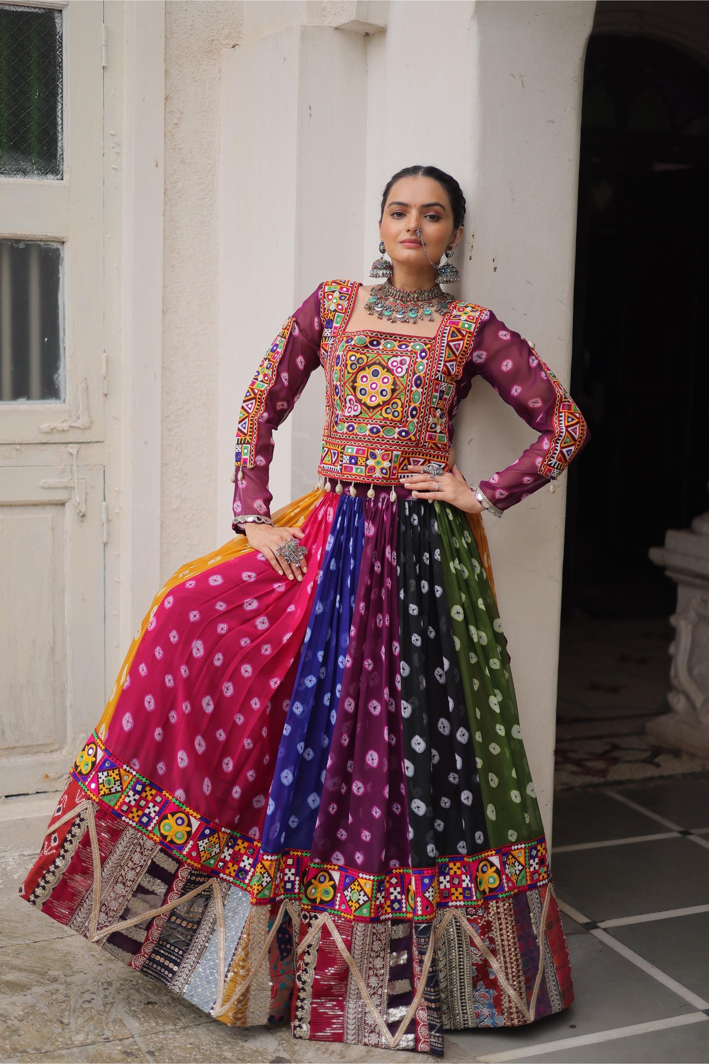 Multi Color Georgette With Kutchi Gamthi Work Navratri Chaniya Choli
