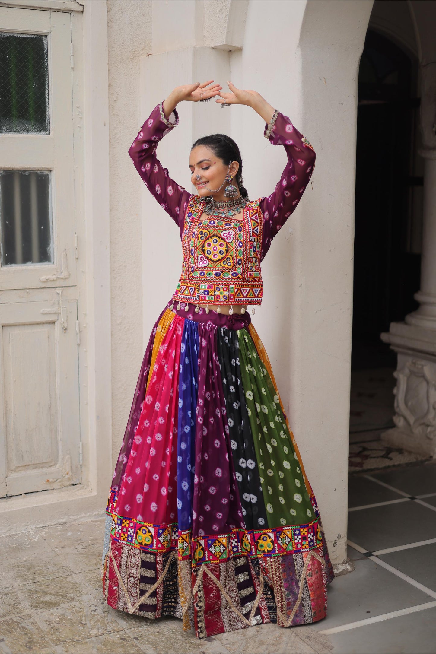 Multi Color Georgette With Kutchi Gamthi Work Navratri Chaniya Choli