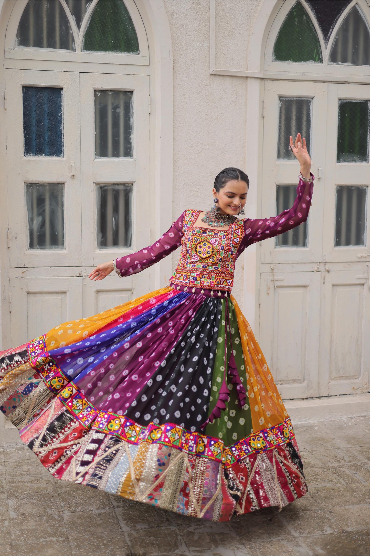Multi Color Georgette With Kutchi Gamthi Work Navratri Chaniya Choli