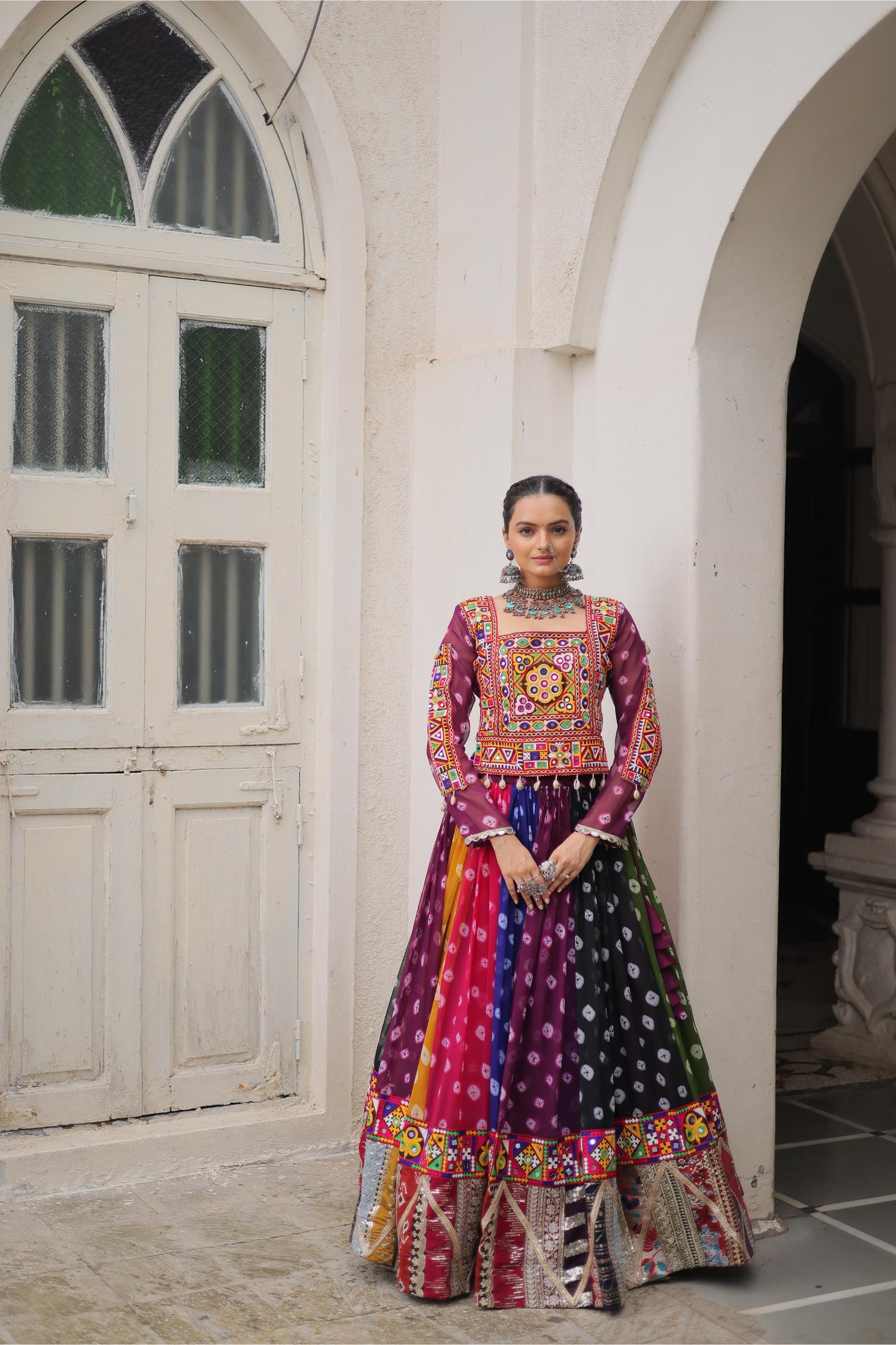 Multi Color Georgette With Kutchi Gamthi Work Navratri Chaniya Choli