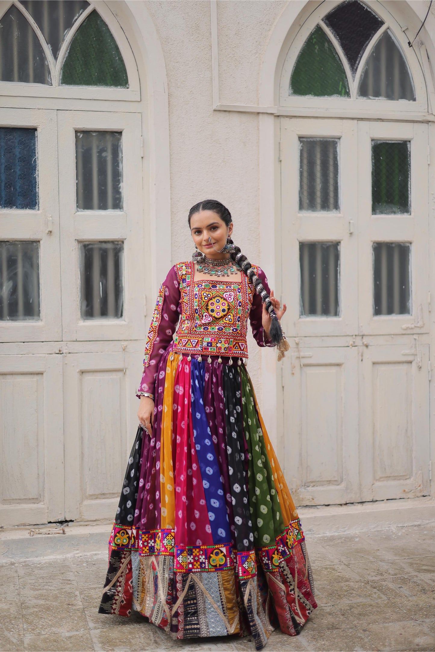 Multi Color Georgette With Kutchi Gamthi Work Navratri Chaniya Choli