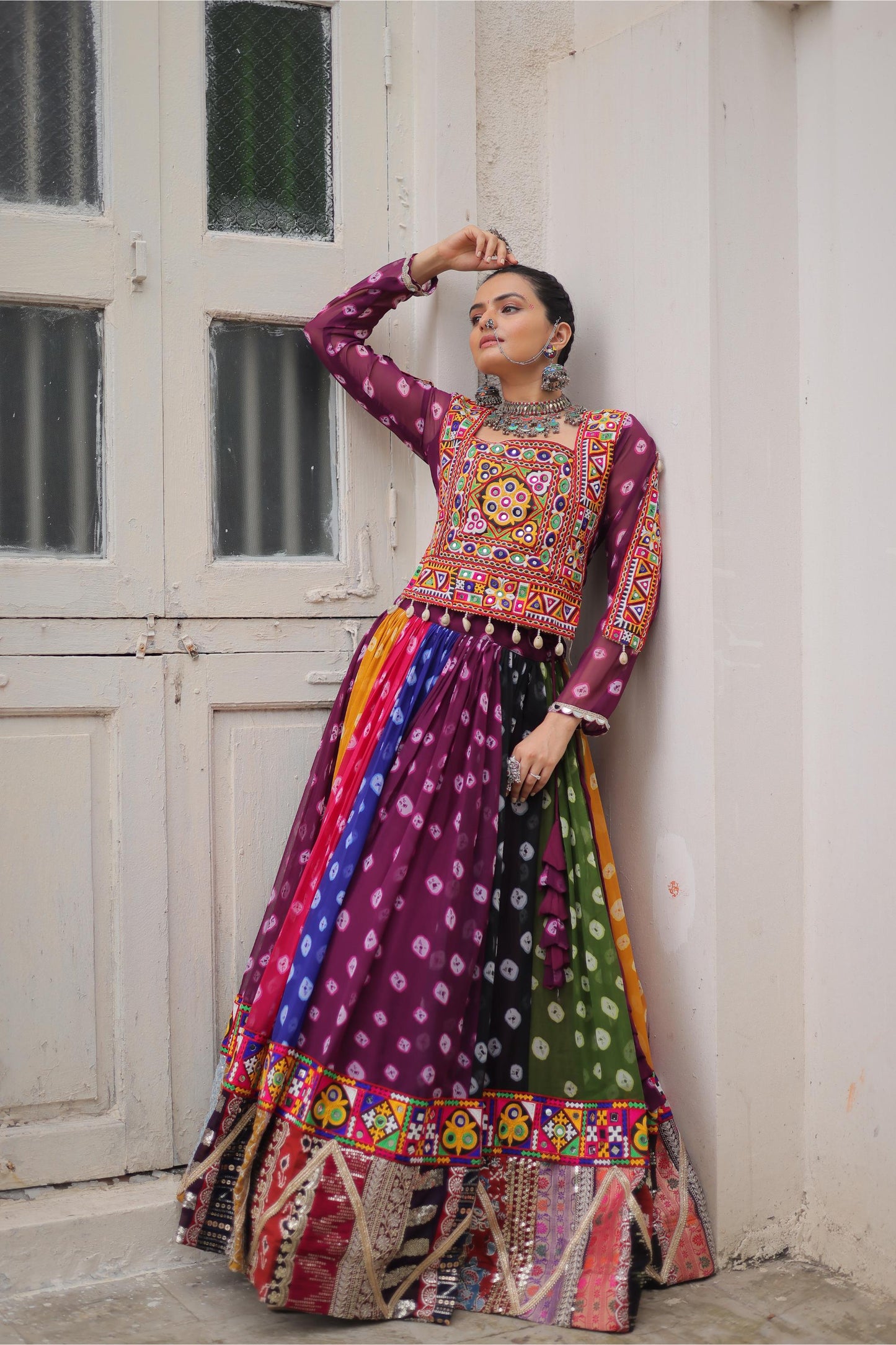 Multi Color Georgette With Kutchi Gamthi Work Navratri Chaniya Choli