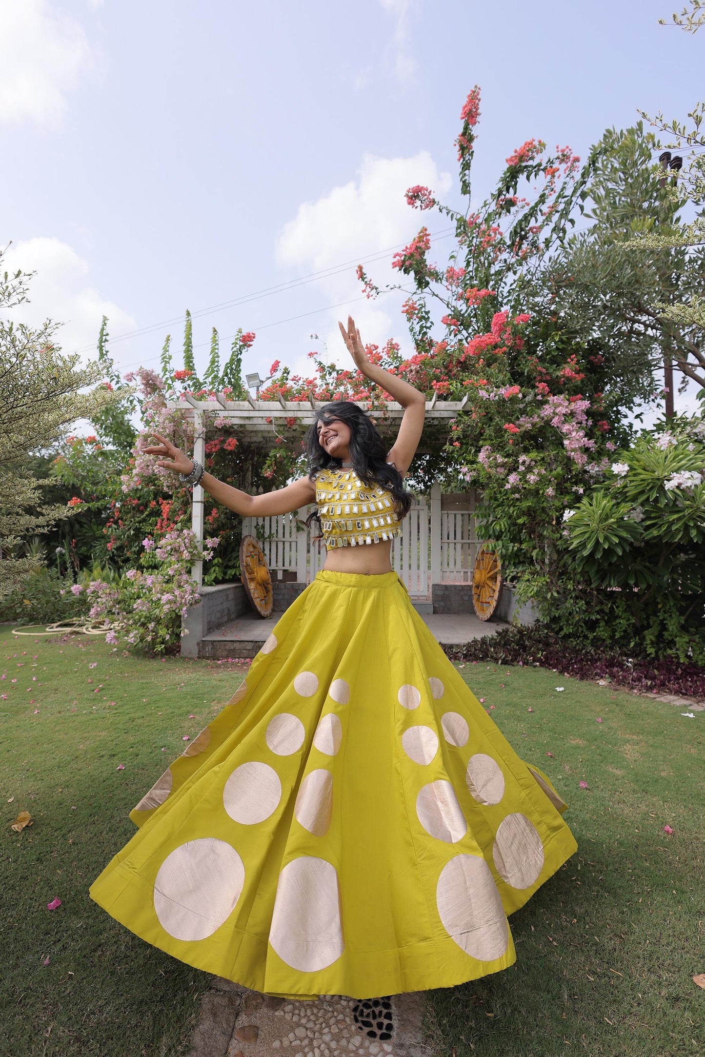 Yellow Gomti & Mirror Work Georgette Navratri Lehenga Choli