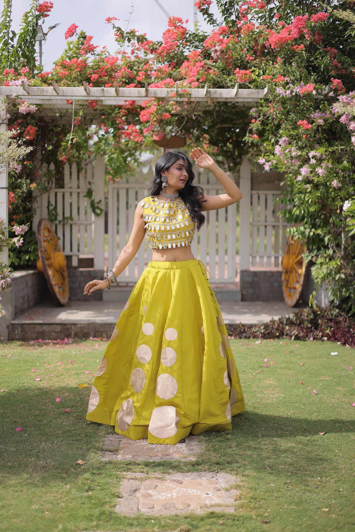 Yellow Gomti & Mirror Work Georgette Navratri Lehenga Choli