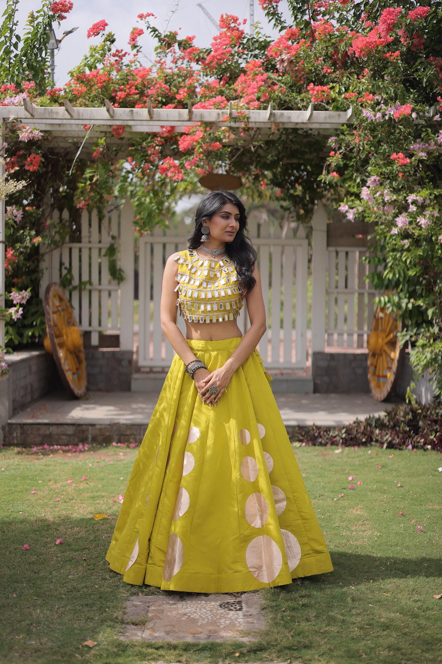 Yellow Gomti & Mirror Work Georgette Navratri Lehenga Choli