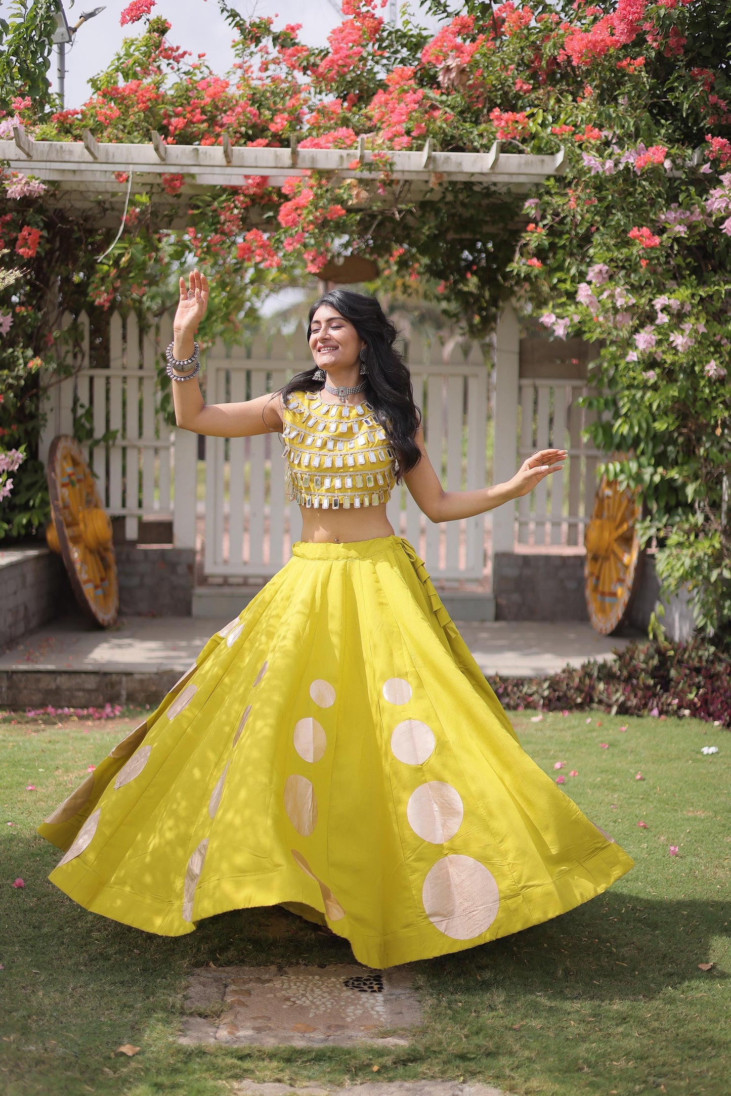 Yellow Gomti & Mirror Work Georgette Navratri Lehenga Choli