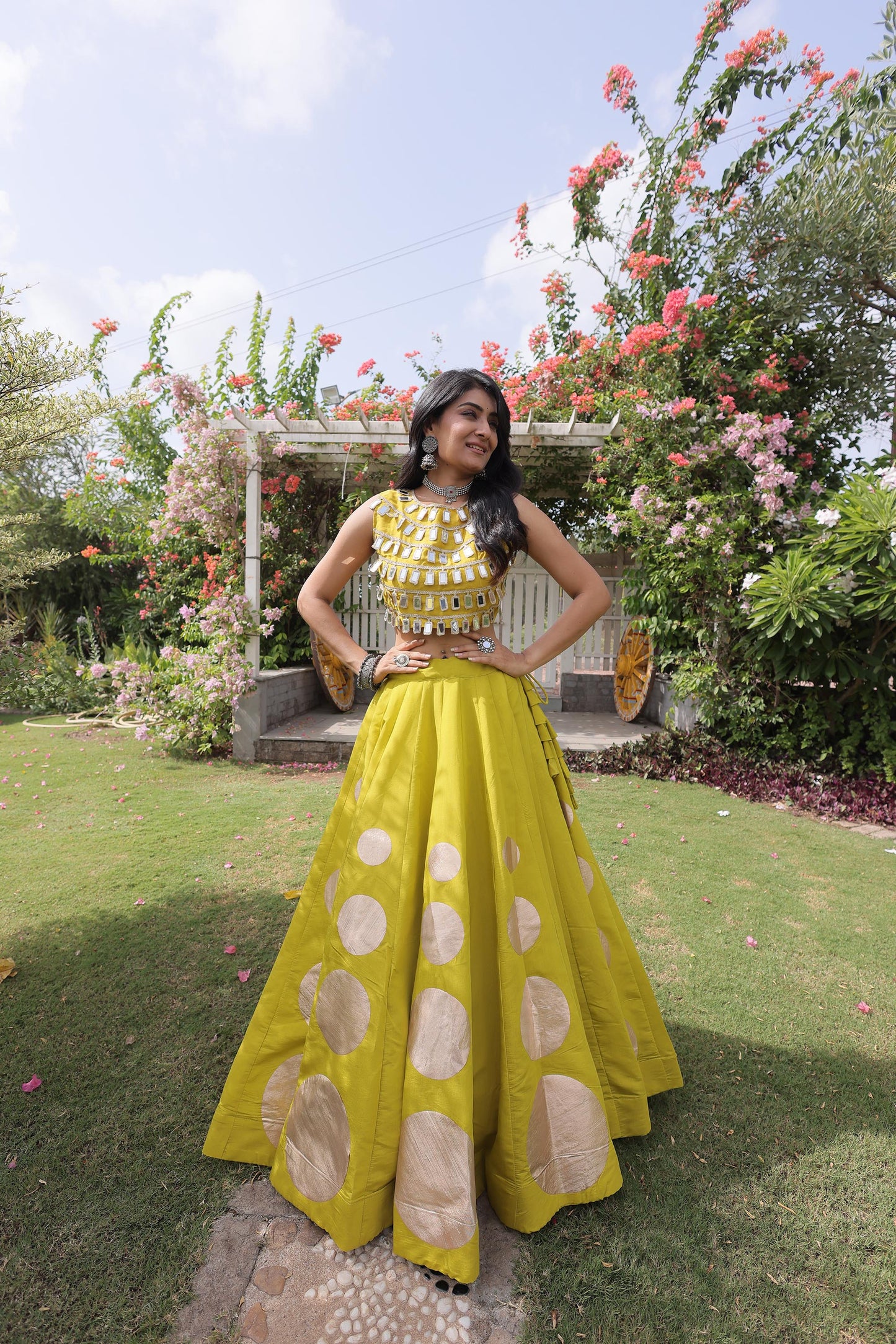 Yellow Gomti & Mirror Work Georgette Navratri Lehenga Choli