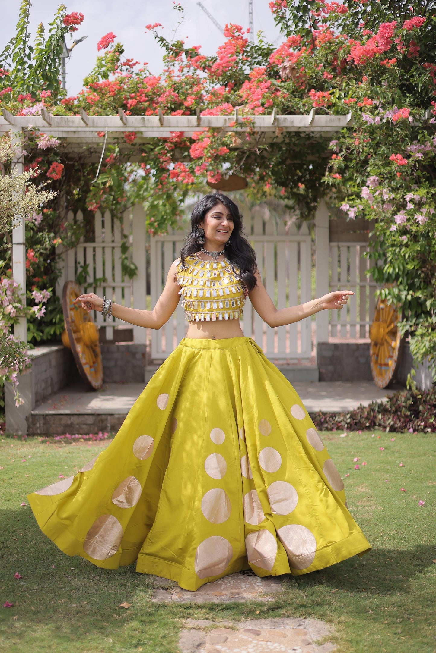Yellow Gomti & Mirror Work Georgette Navratri Lehenga Choli