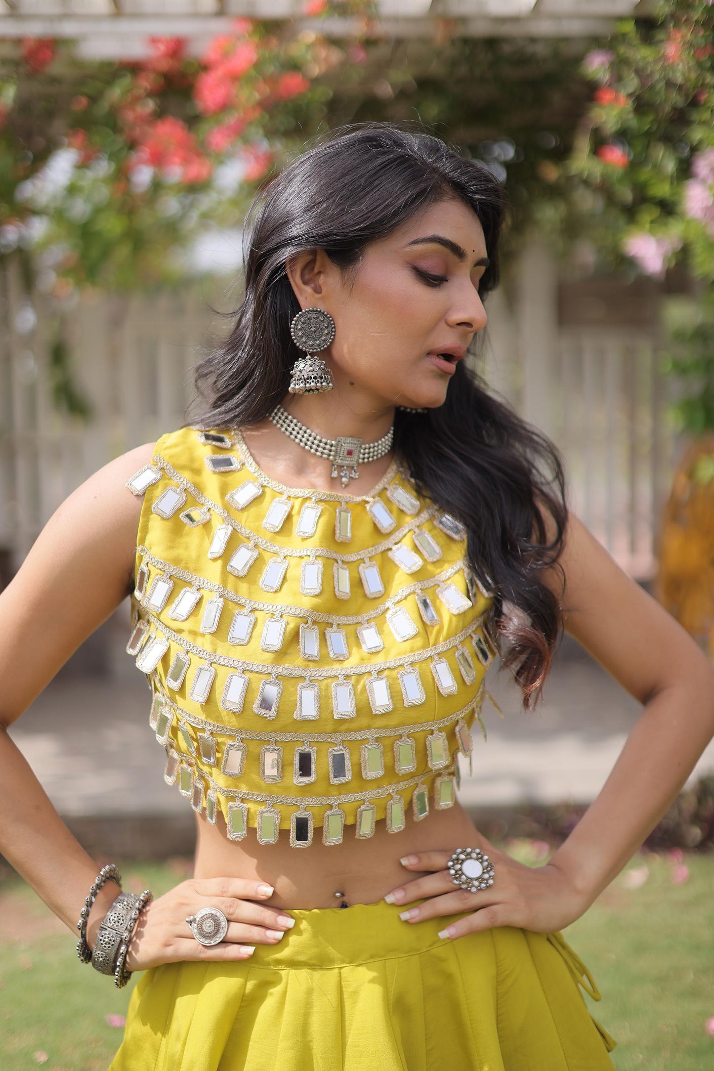 Yellow Gomti & Mirror Work Georgette Navratri Lehenga Choli