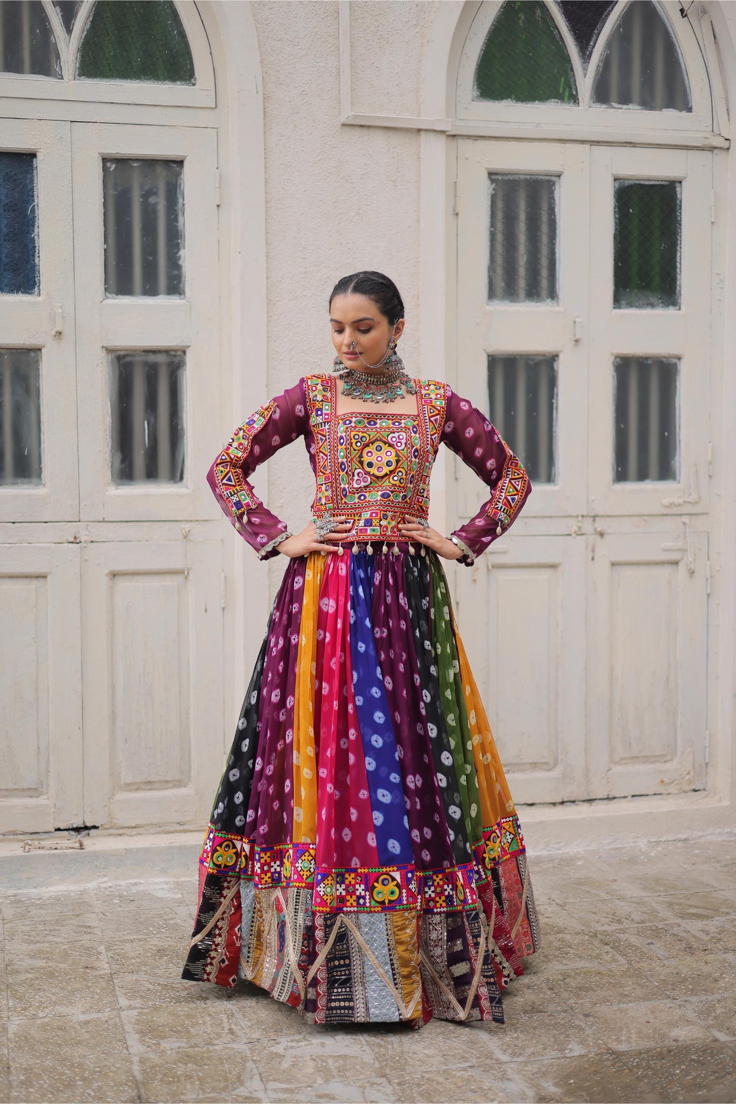 Multi Color Georgette With Kutchi Gamthi Work Navratri Chaniya Choli