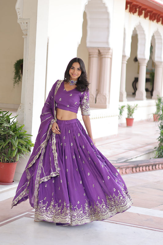Lavender Vichitra Silk With Heavy Sequins & Thread Embroidered work Lehenga