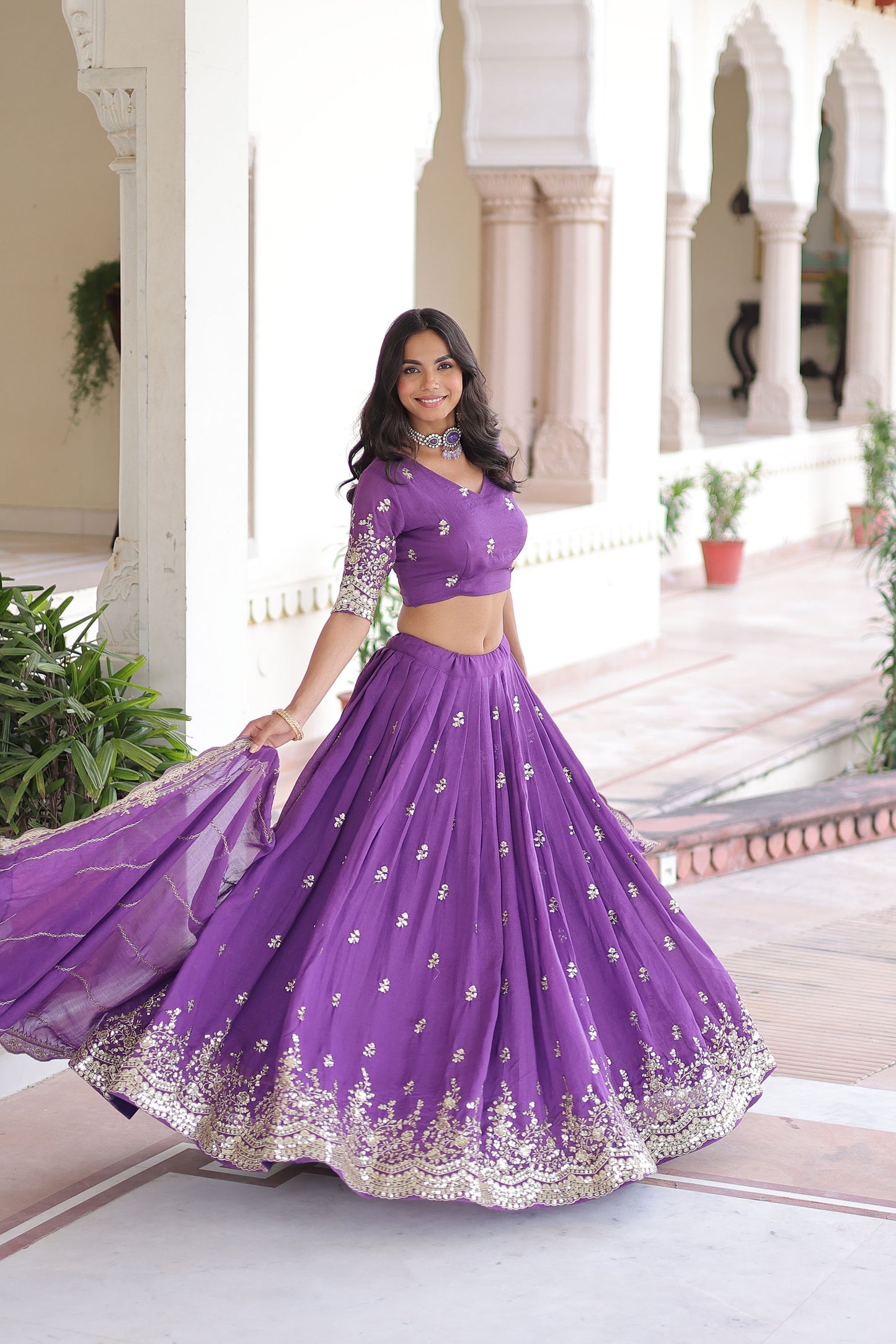 Lavender Vichitra Silk With Heavy Sequins & Thread Embroidered work Lehenga