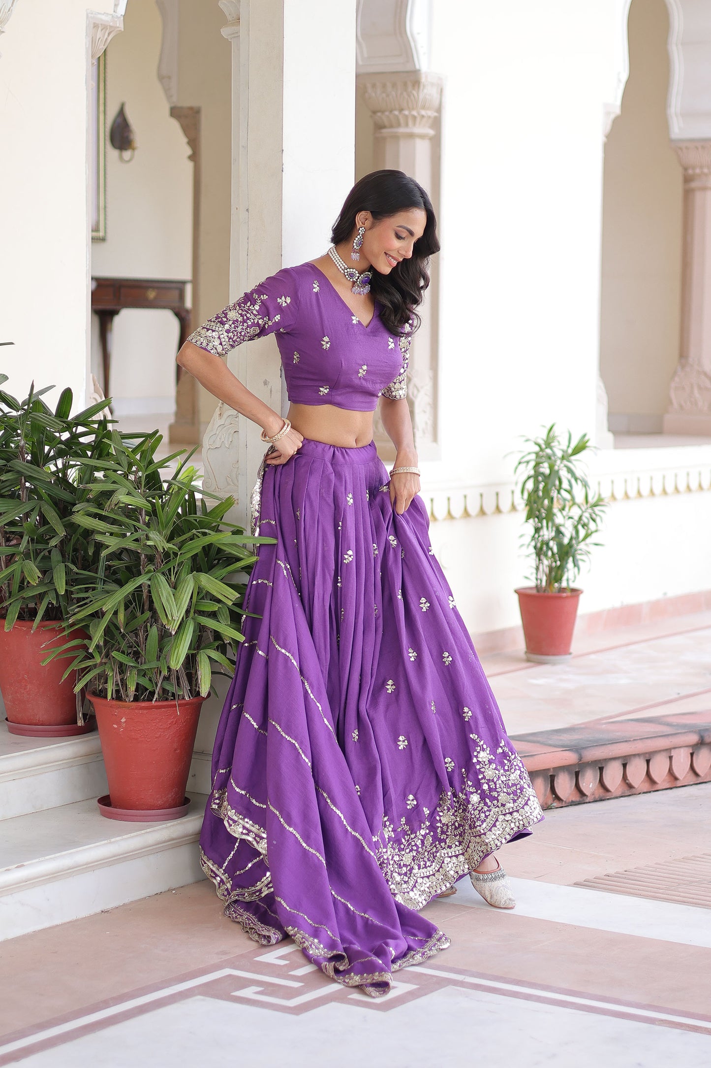 Lavender Vichitra Silk With Heavy Sequins & Thread Embroidered work Lehenga