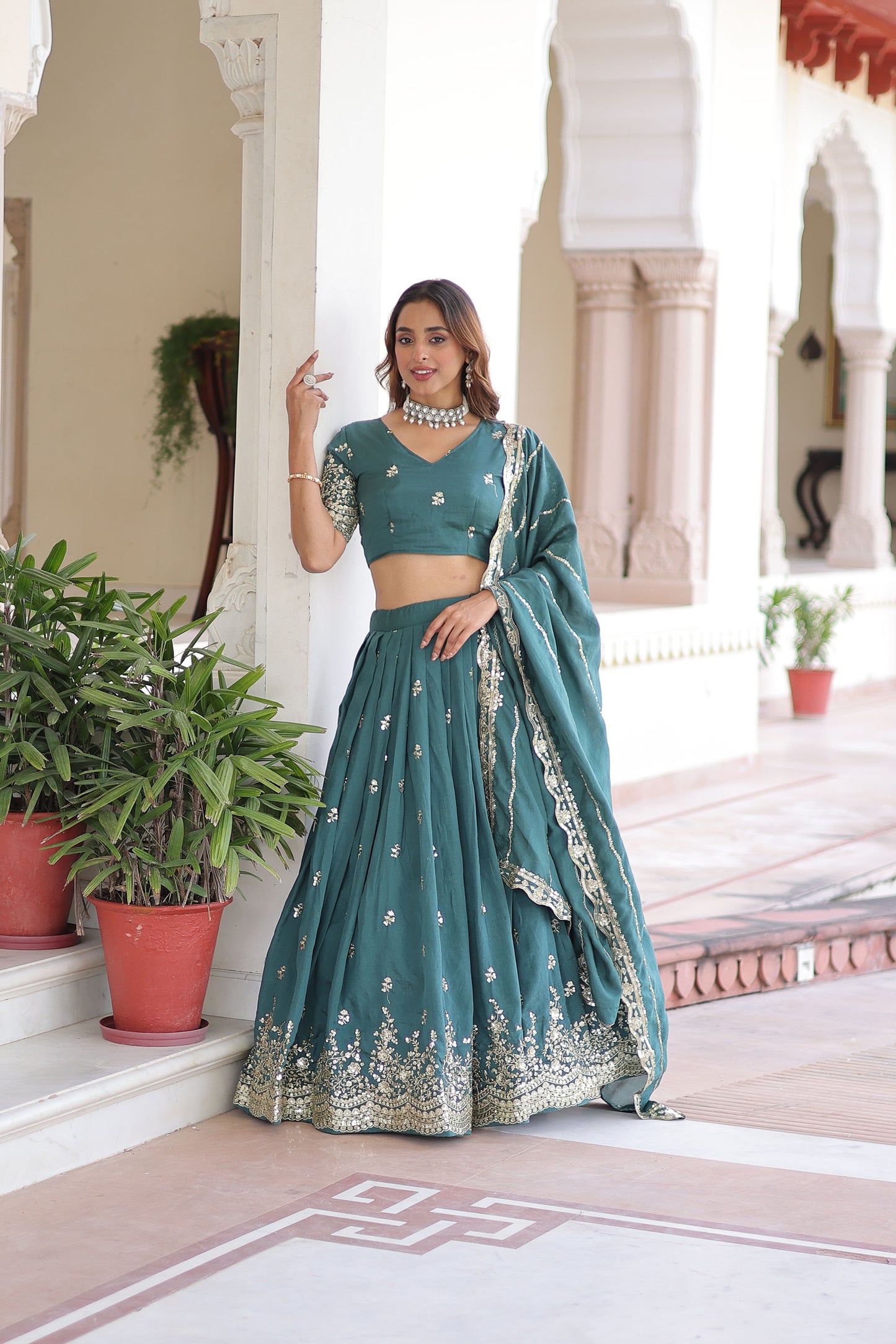Rama Blue Vichitra Silk With Heavy Sequins & Thread Embroidered work Lehenga