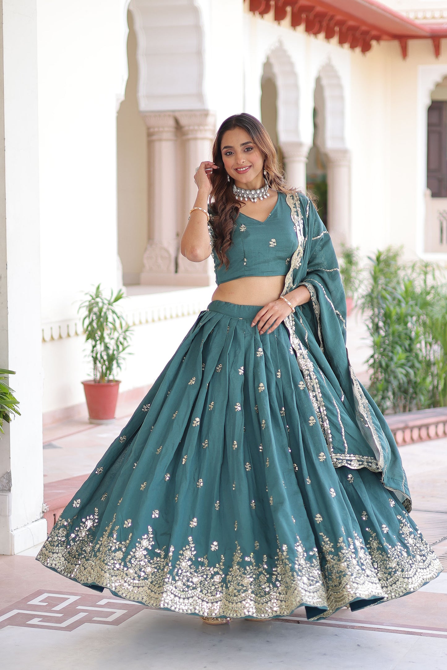 Rama Blue Vichitra Silk With Heavy Sequins & Thread Embroidered work Lehenga
