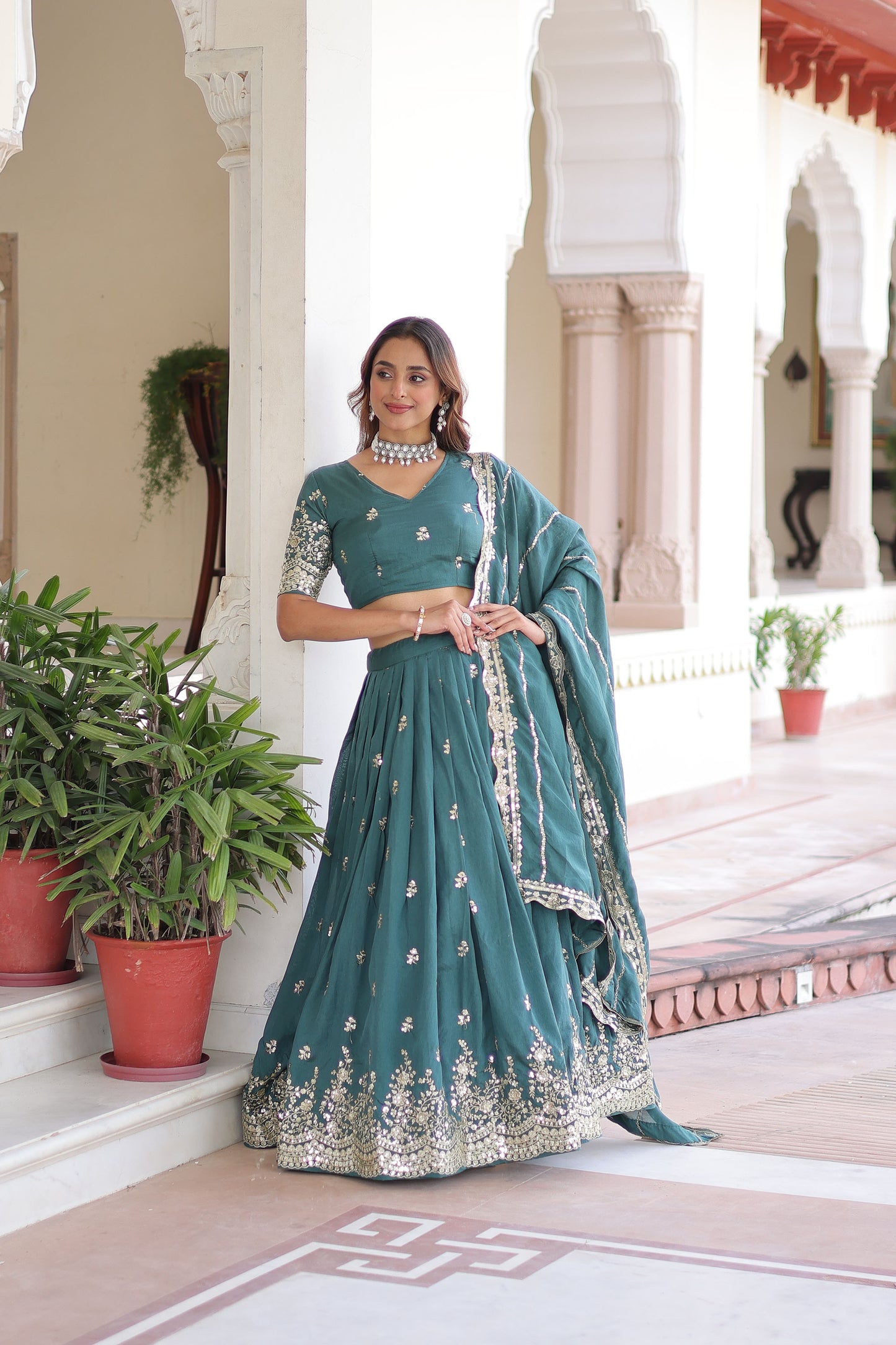 Rama Blue Vichitra Silk With Heavy Sequins & Thread Embroidered work Lehenga