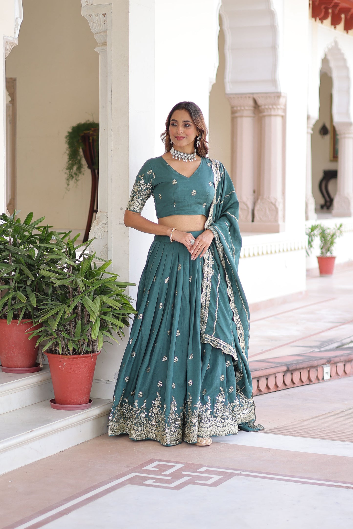 Rama Blue Vichitra Silk With Heavy Sequins & Thread Embroidered work Lehenga