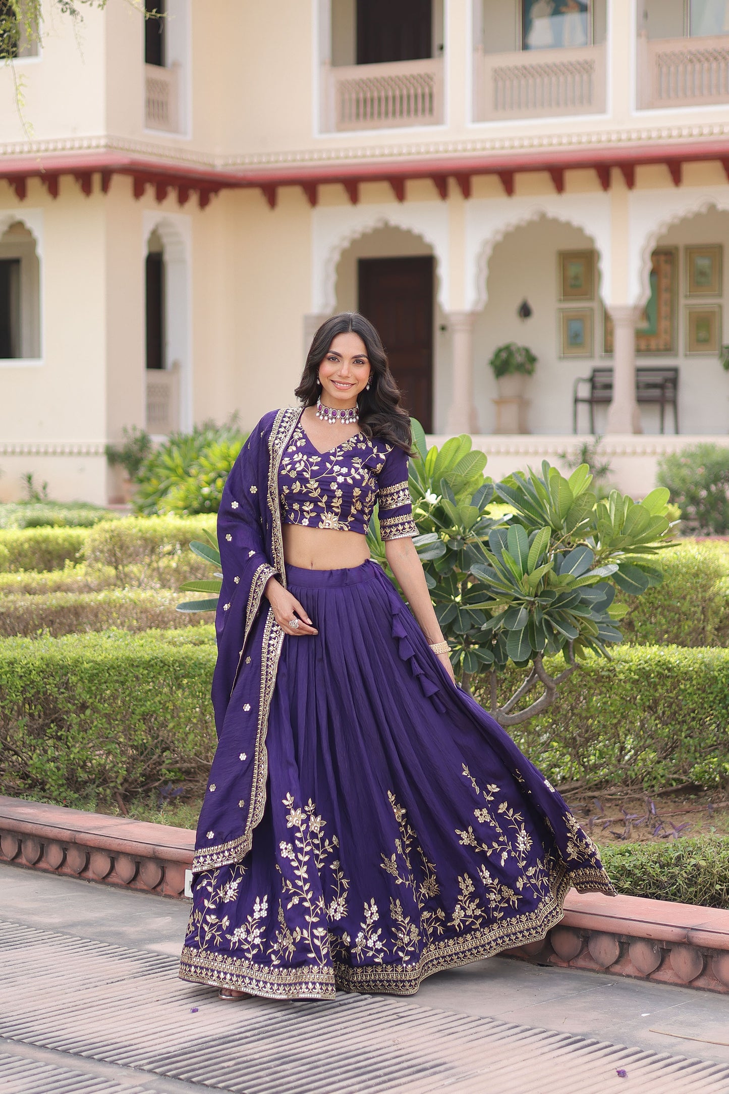 Purple Vichitra Silk Sequins & Thread Embroidered Bridesmaid Lehenga