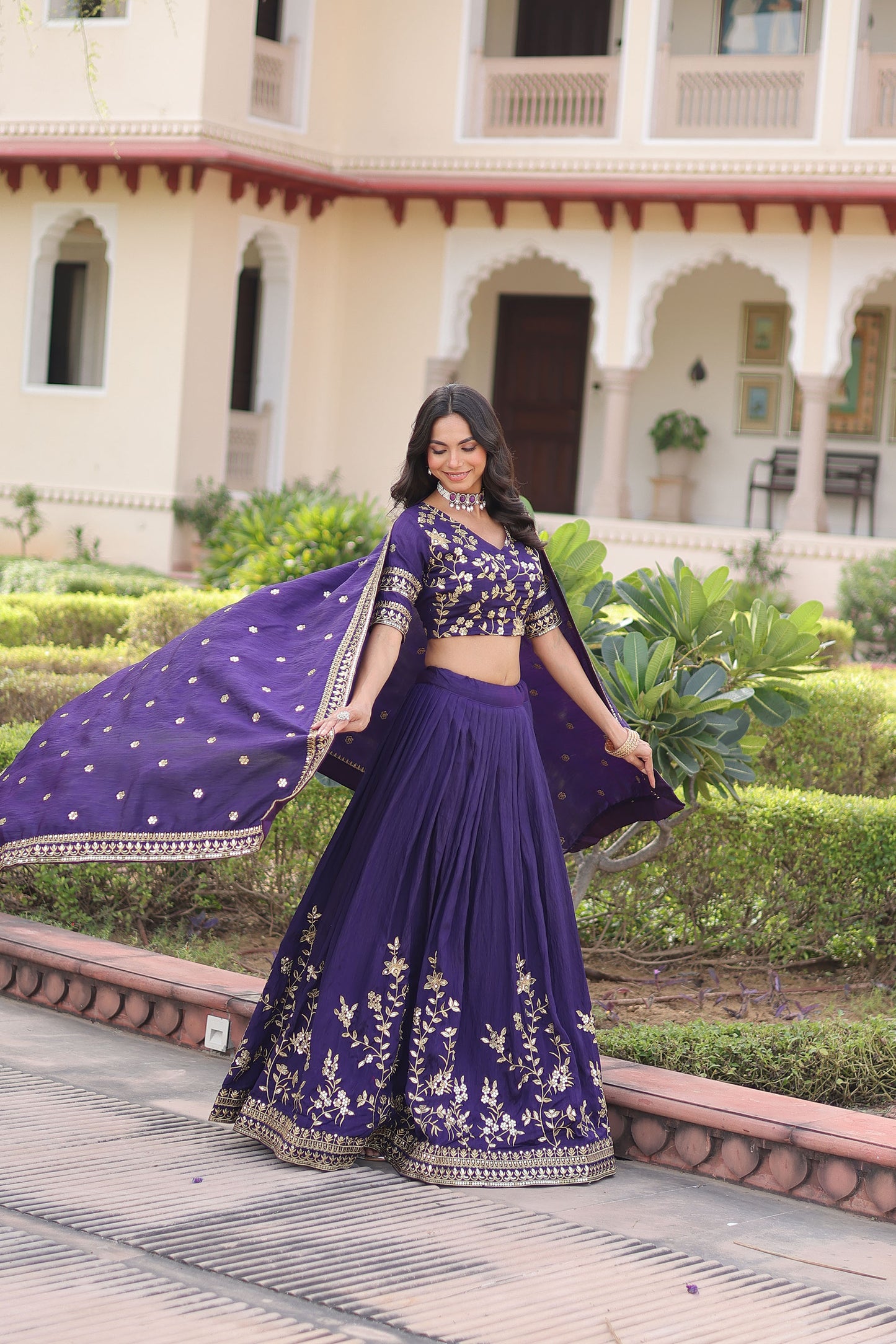 Purple Vichitra Silk Sequins & Thread Embroidered Bridesmaid Lehenga