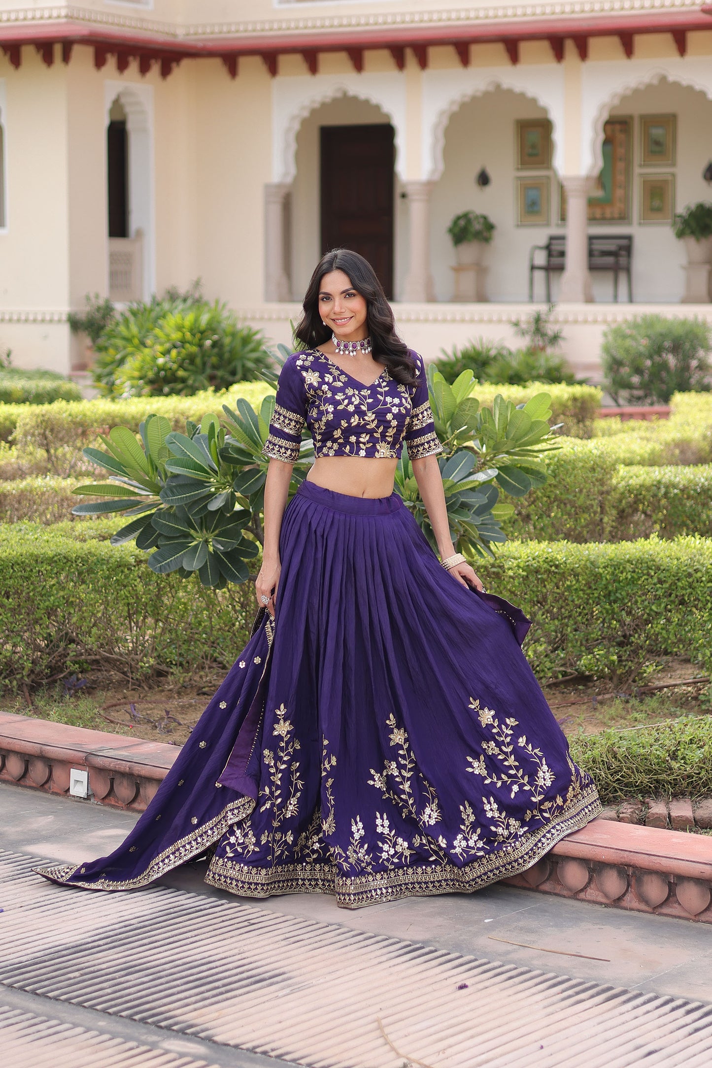 Purple Vichitra Silk Sequins & Thread Embroidered Bridesmaid Lehenga