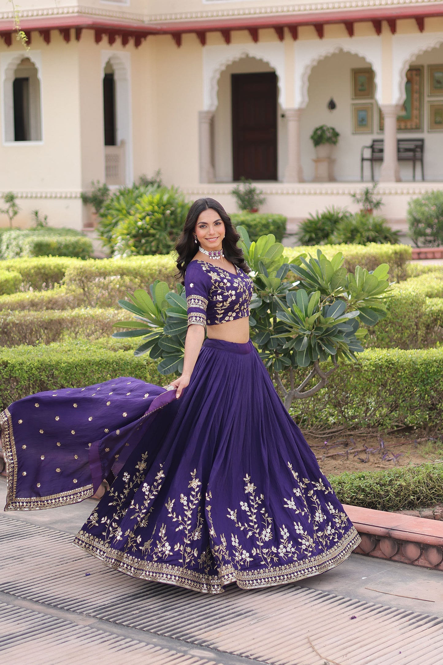 Purple Vichitra Silk Sequins & Thread Embroidered Bridesmaid Lehenga