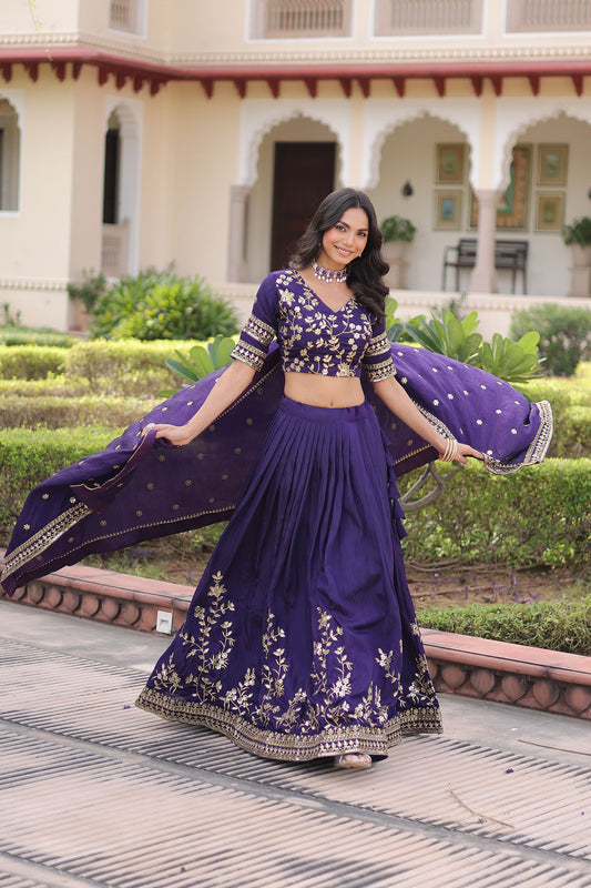 Purple Vichitra Silk Sequins & Thread Embroidered Bridesmaid Lehenga