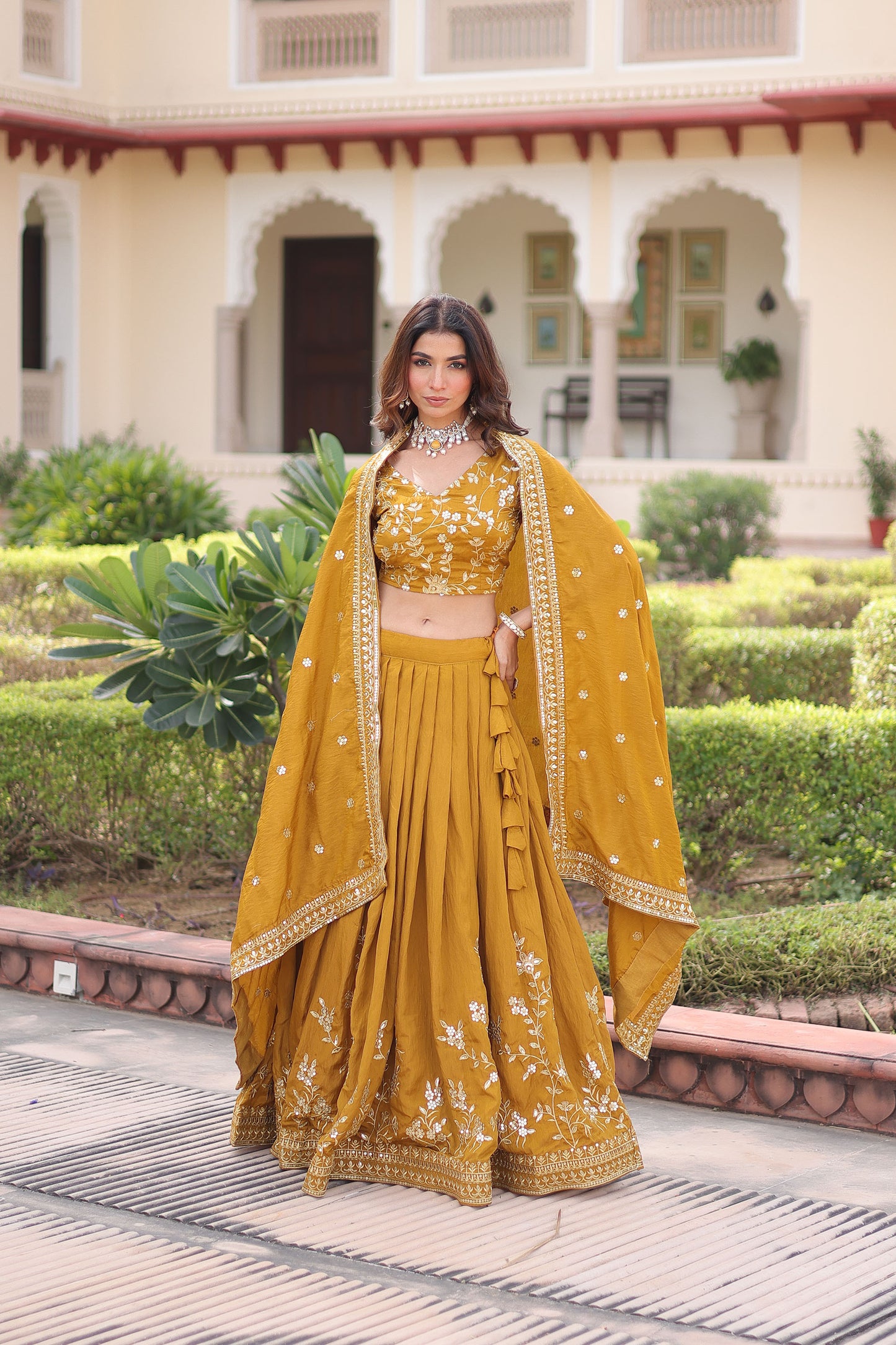 Yellow Vichitra Silk Sequins & Thread Embroidered Bridesmaid Lehenga for Haldi