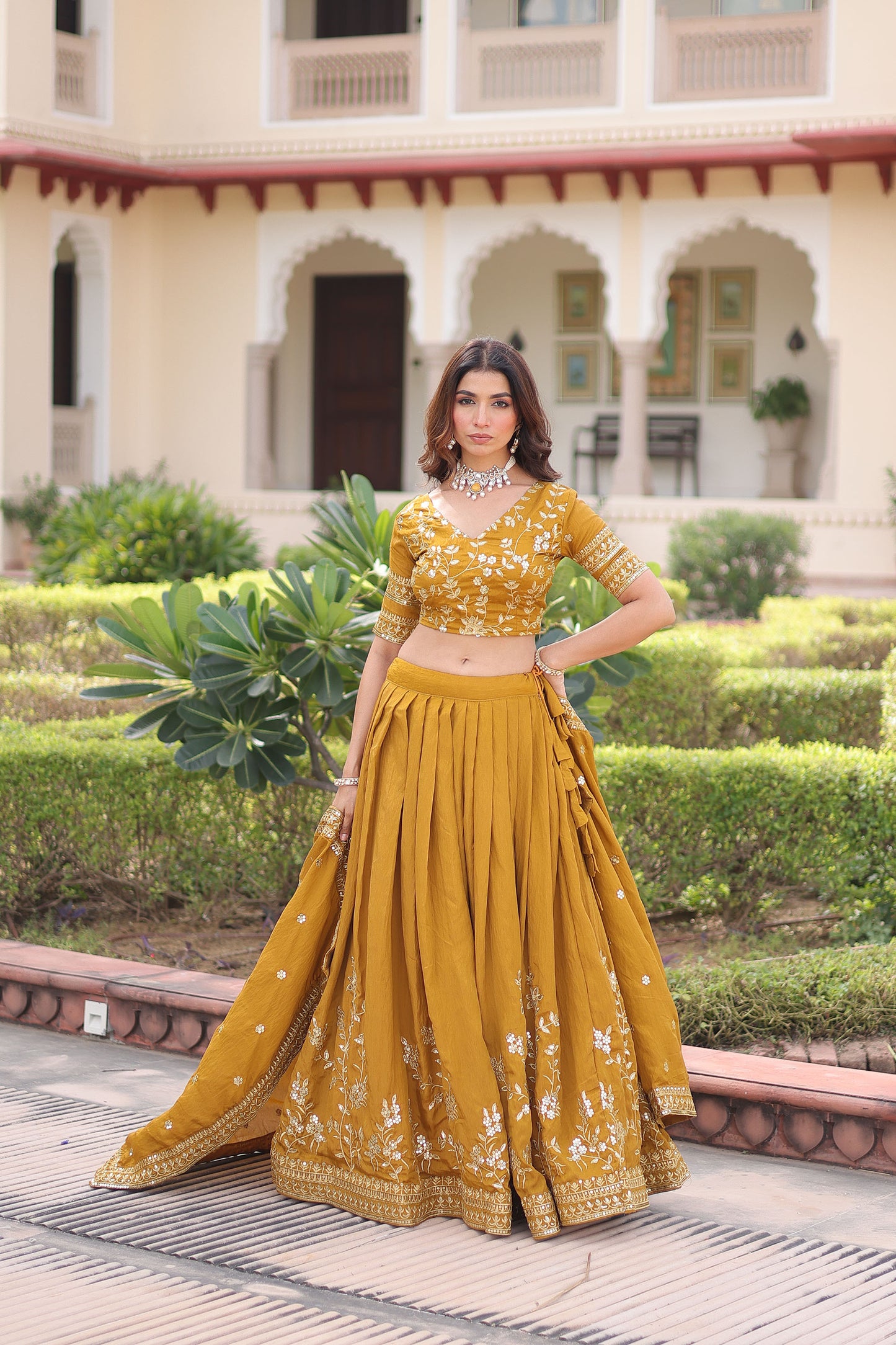 Yellow Vichitra Silk Sequins & Thread Embroidered Bridesmaid Lehenga for Haldi