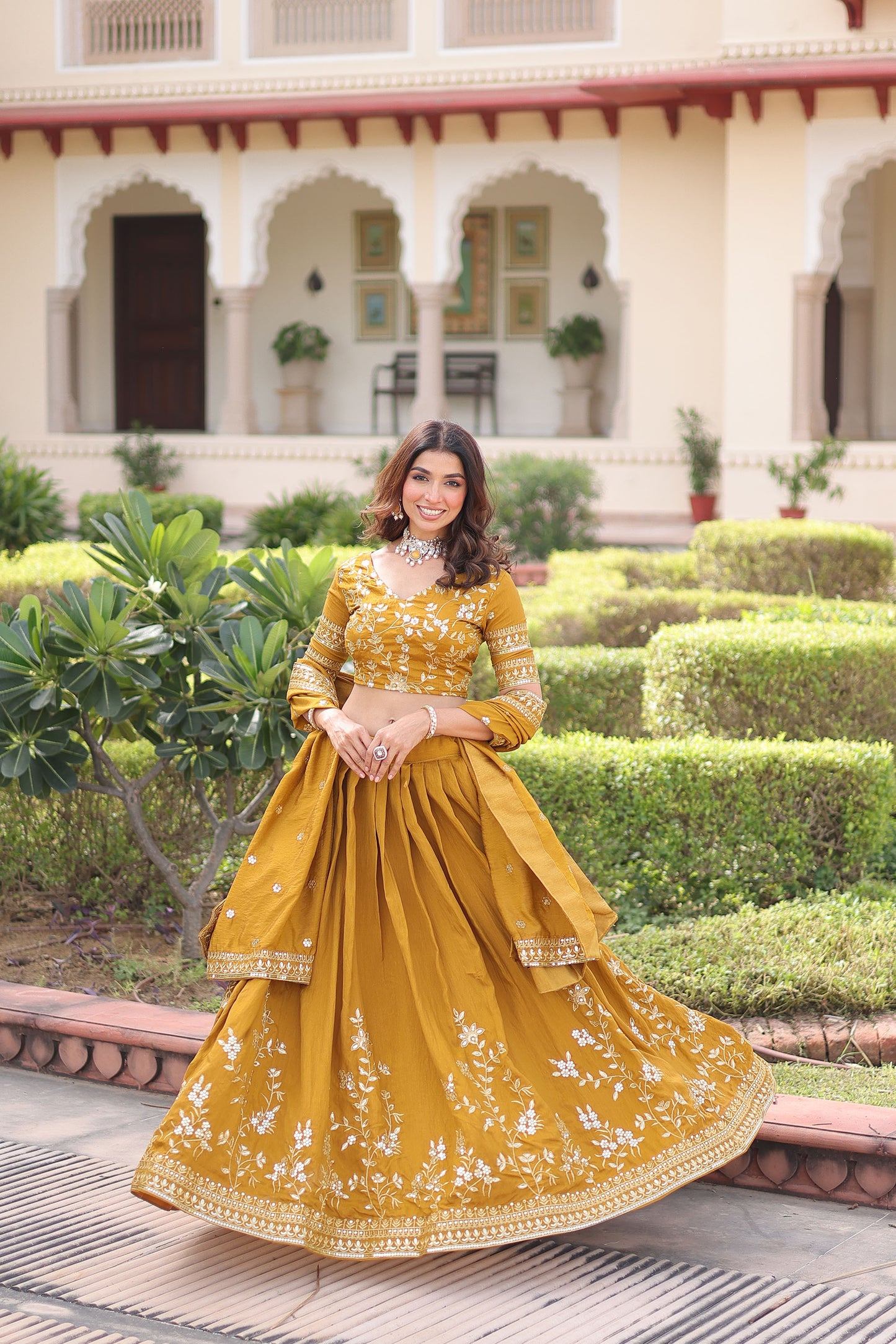Yellow Vichitra Silk Sequins & Thread Embroidered Bridesmaid Lehenga for Haldi