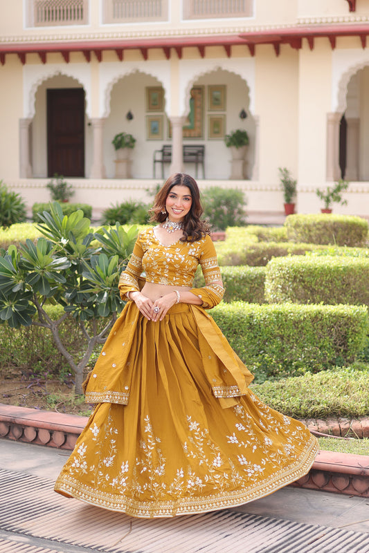 Yellow Vichitra Silk Sequins & Thread Embroidered Bridesmaid Lehenga for Haldi