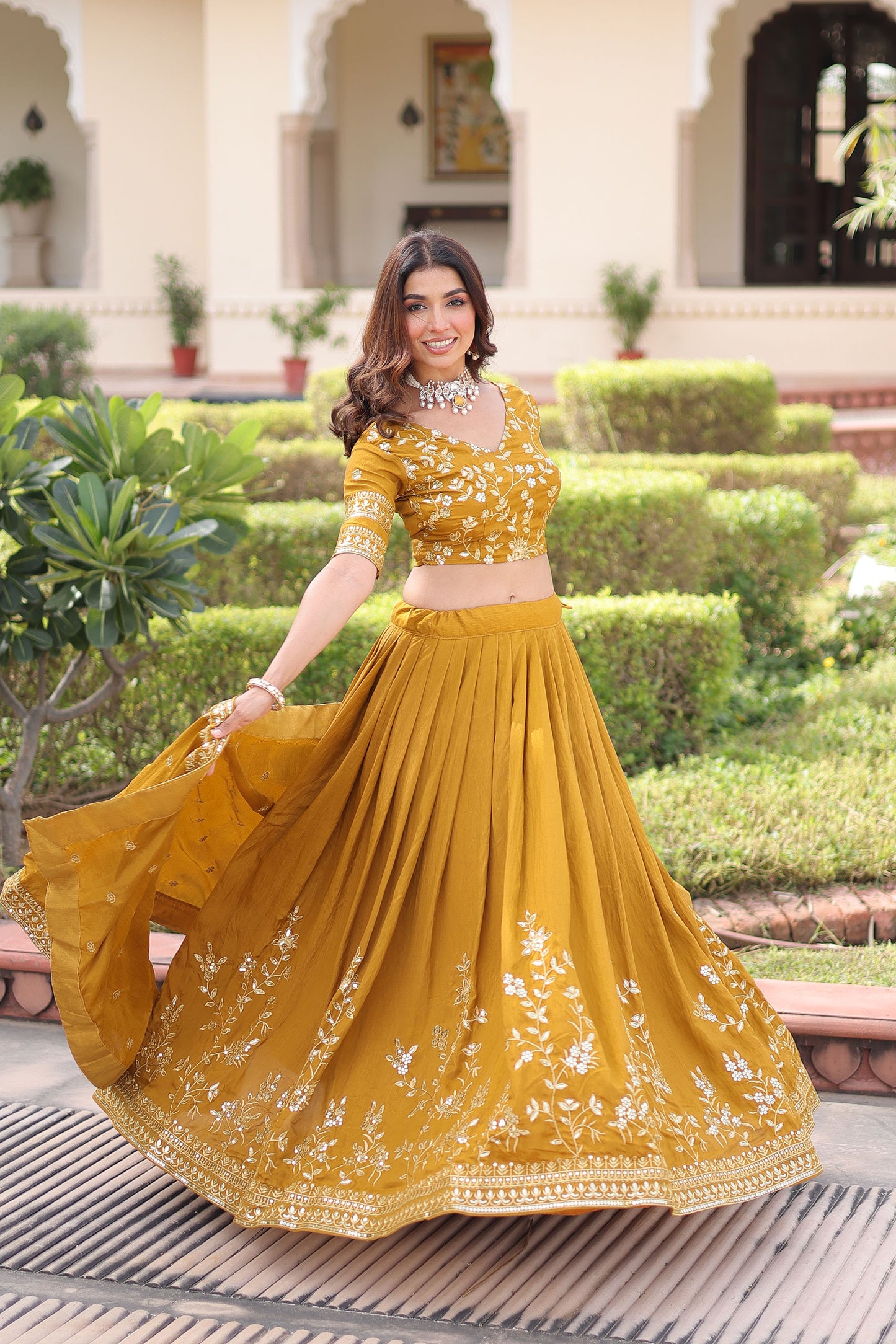 Yellow Vichitra Silk Sequins & Thread Embroidered Bridesmaid Lehenga for Haldi