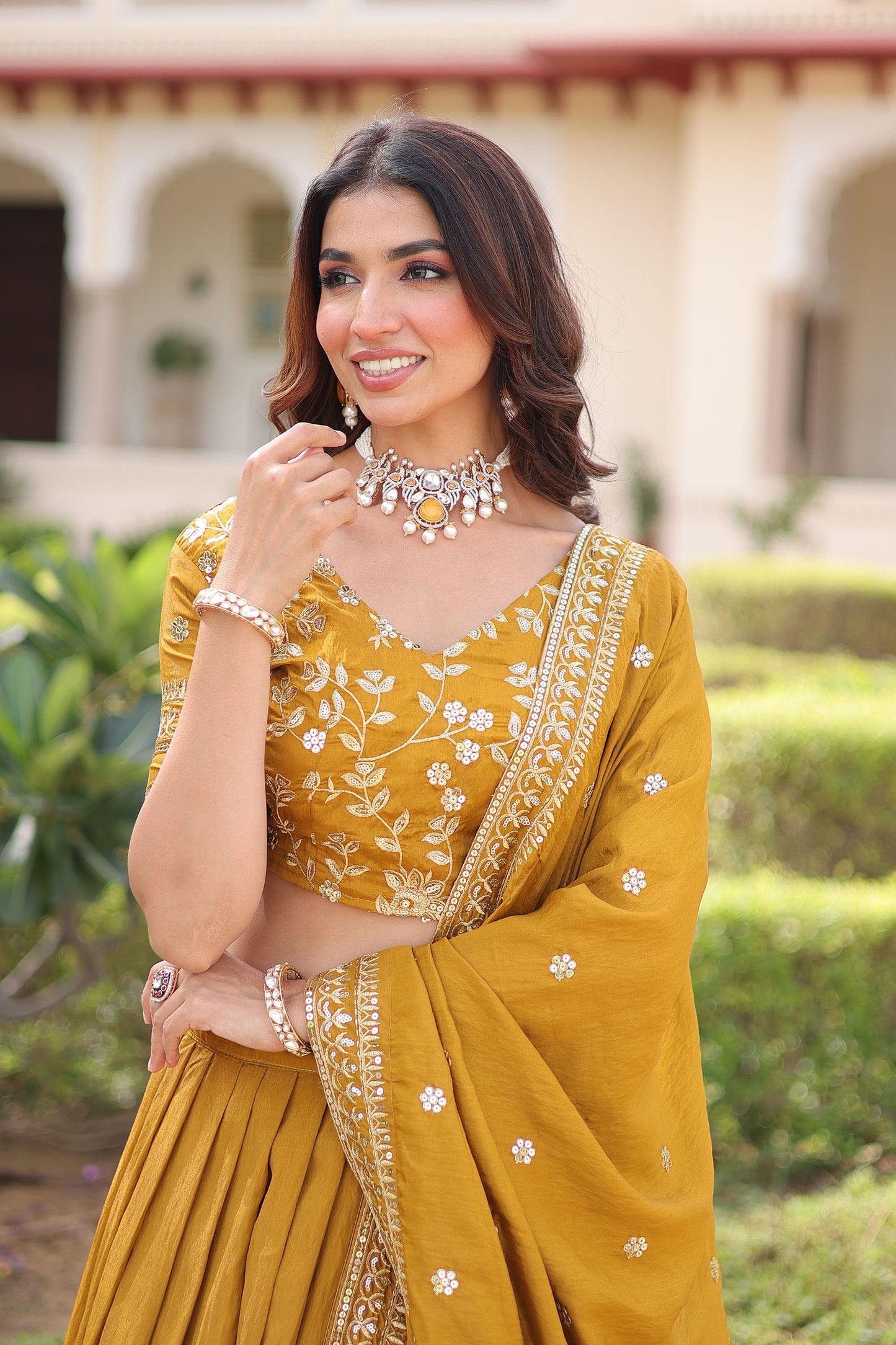 Yellow Vichitra Silk Sequins & Thread Embroidered Bridesmaid Lehenga for Haldi