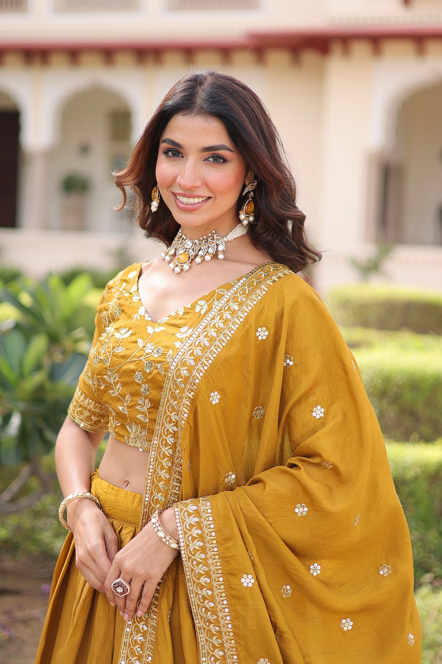 Yellow Vichitra Silk Sequins & Thread Embroidered Bridesmaid Lehenga for Haldi