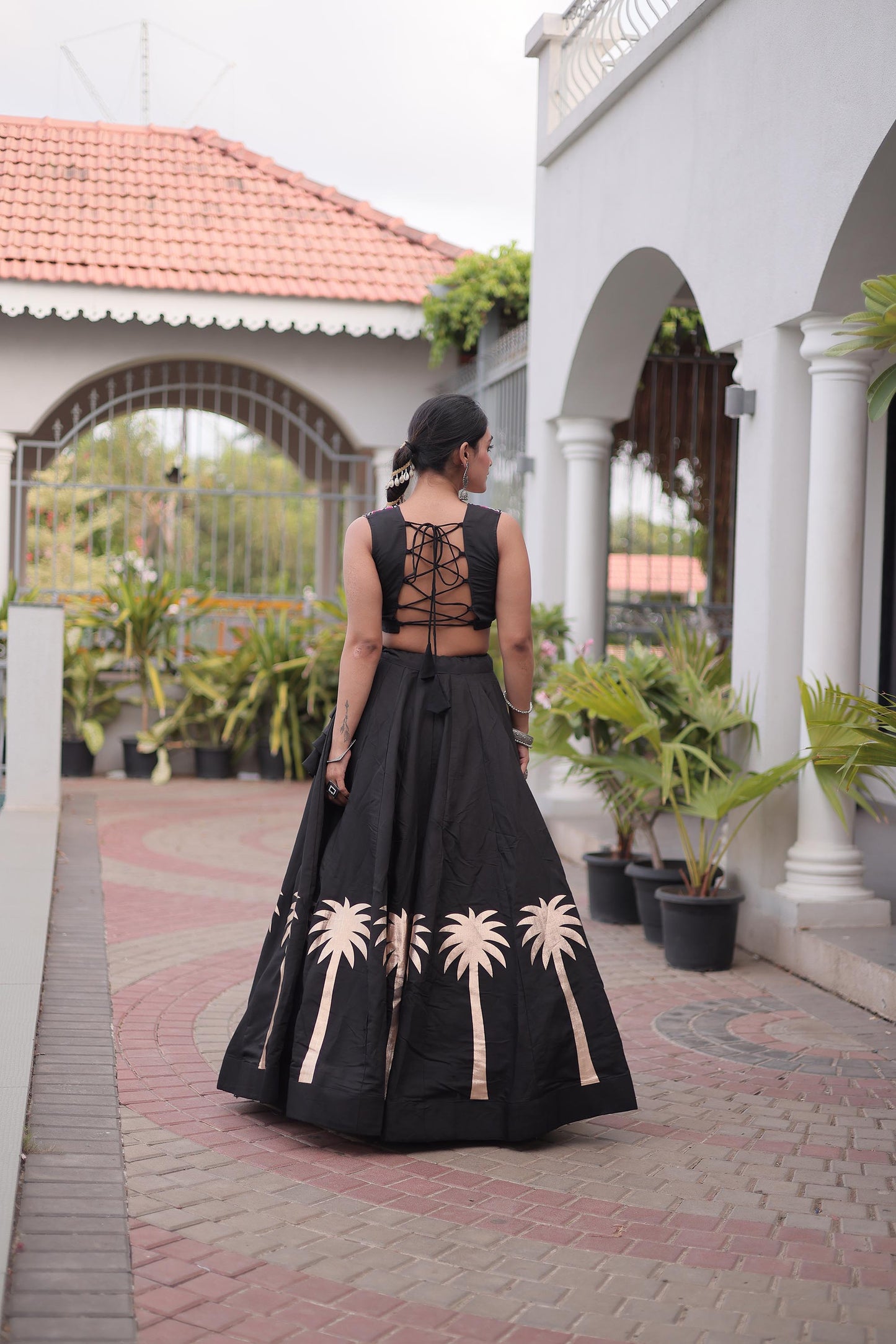 Black Roman Silk Kutchi Gamthi Embroidered & Gota Work Navratri Lehenga Choli