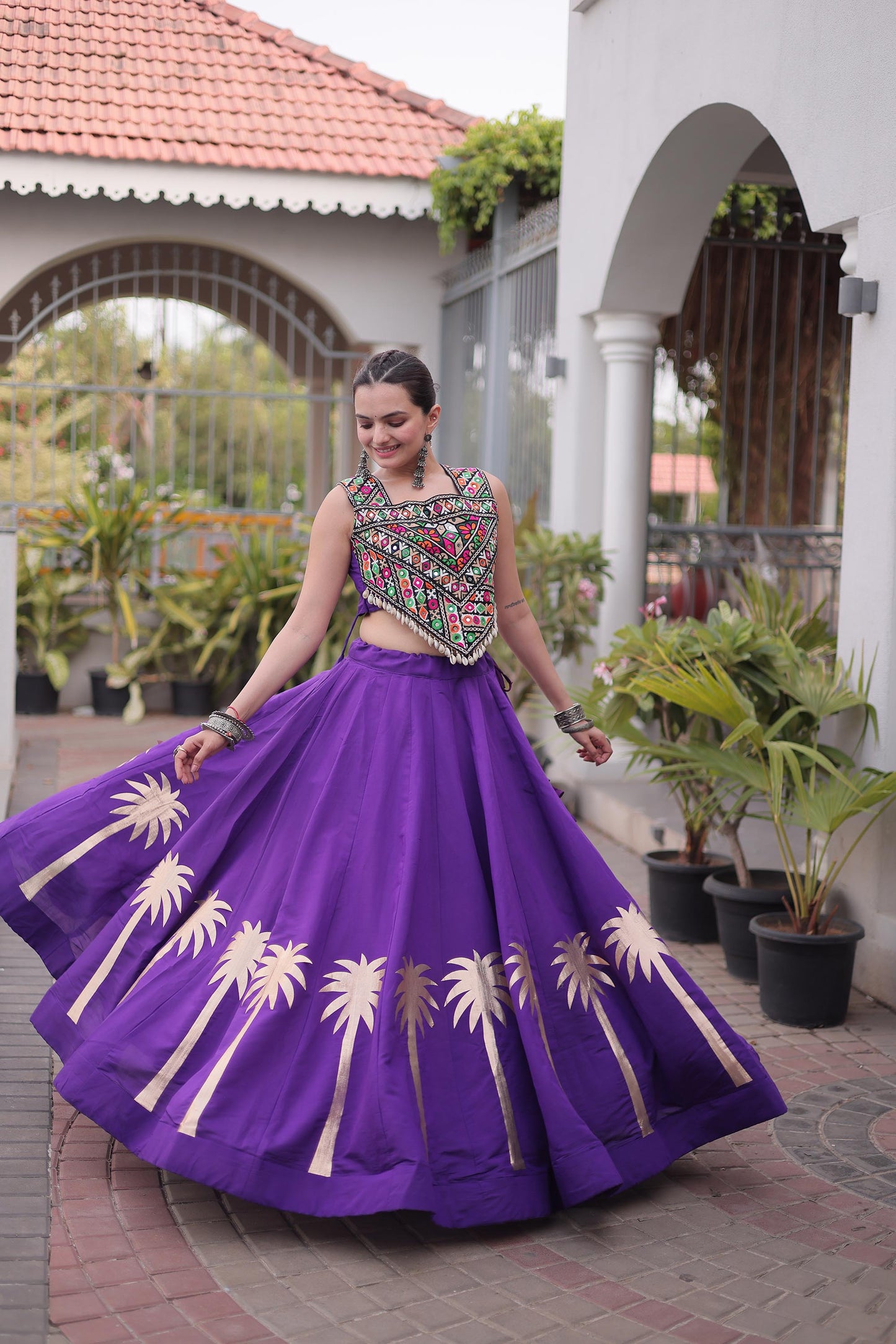 Purple Roman Silk Kutchi Gamthi Embroidered & Gota Work Navratri Lehenga Choli
