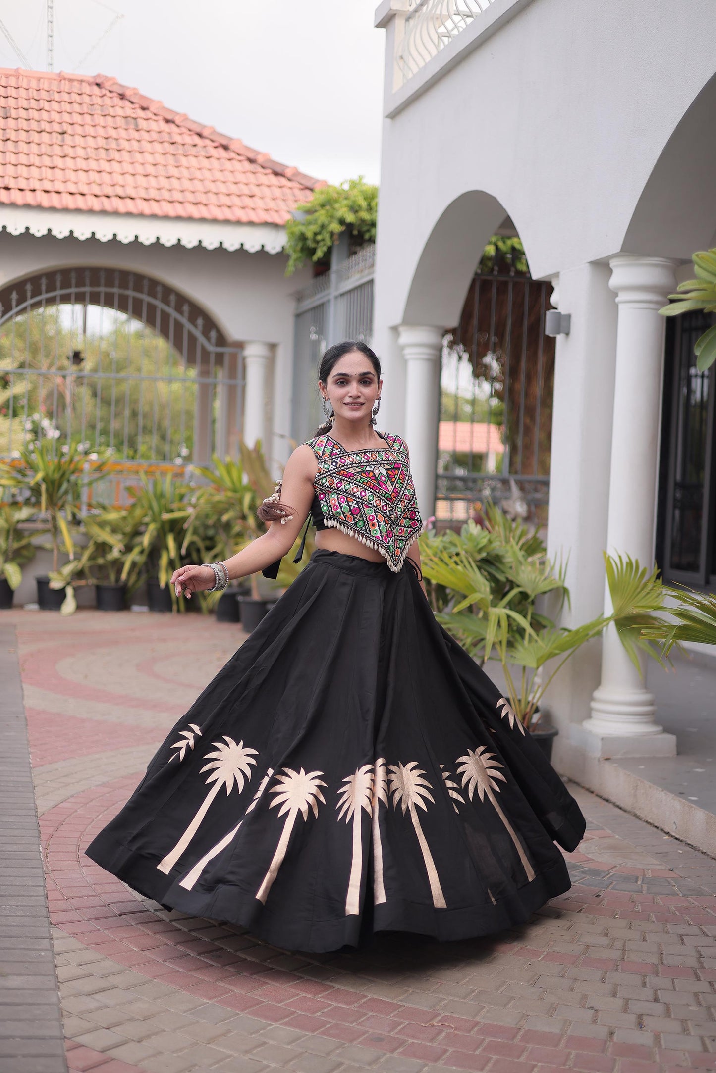 Black Roman Silk Kutchi Gamthi Embroidered & Gota Work Navratri Lehenga Choli
