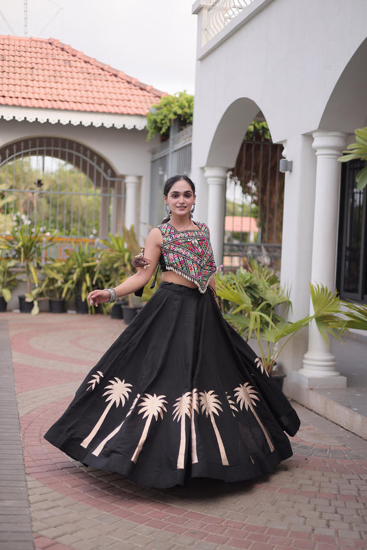 Black Roman Silk Kutchi Gamthi Embroidered & Gota Work Navratri Lehenga Choli