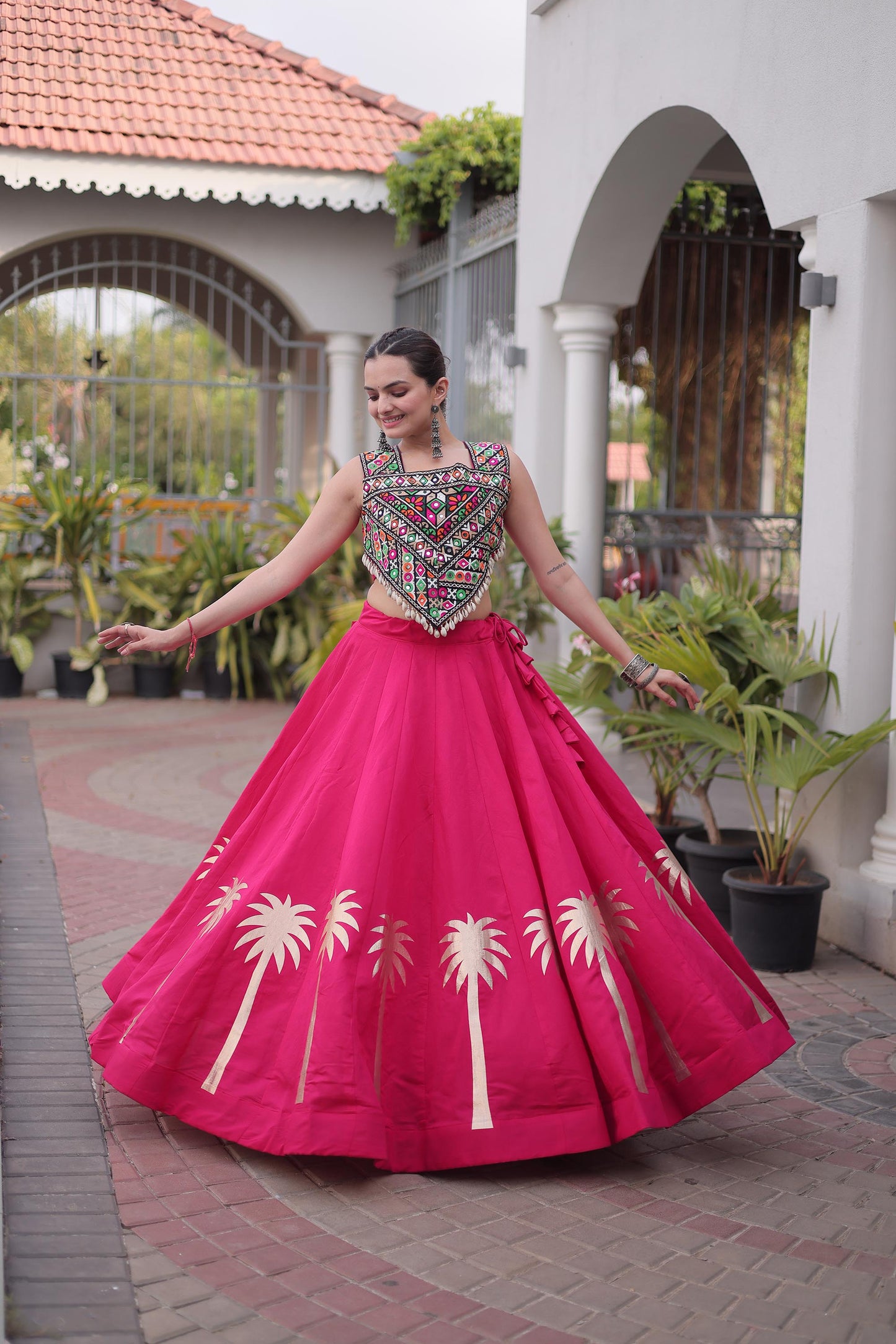Pink Roman Silk Kutchi Gamthi Embroidered & Gota Work Navratri Lehenga Choli