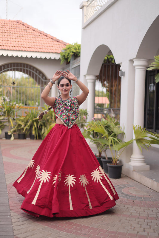 Red Roman Silk Kutchi Gamthi Embroidered & Gota Work Navratri Lehenga Choli