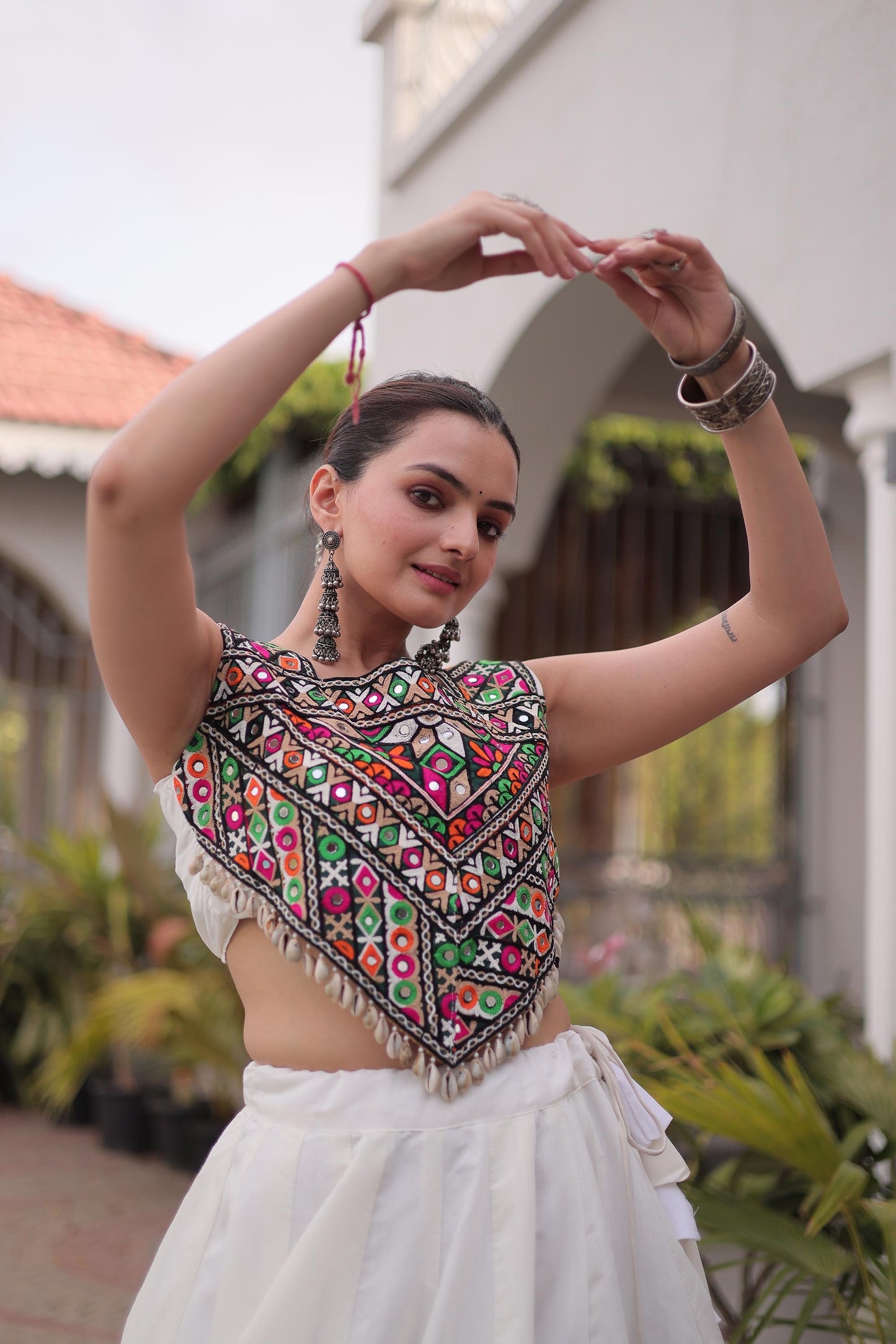 White Roman Silk Kutchi Gamthi Embroidered & Gota Work Navratri Lehenga Choli