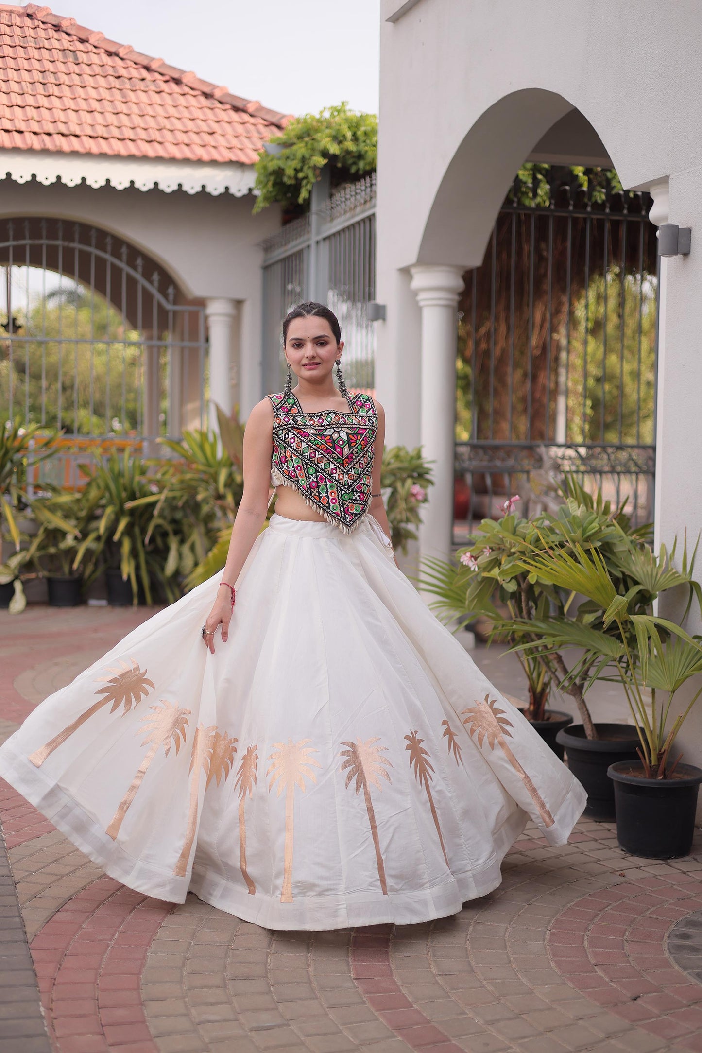 White Roman Silk Kutchi Gamthi Embroidered & Gota Work Navratri Lehenga Choli