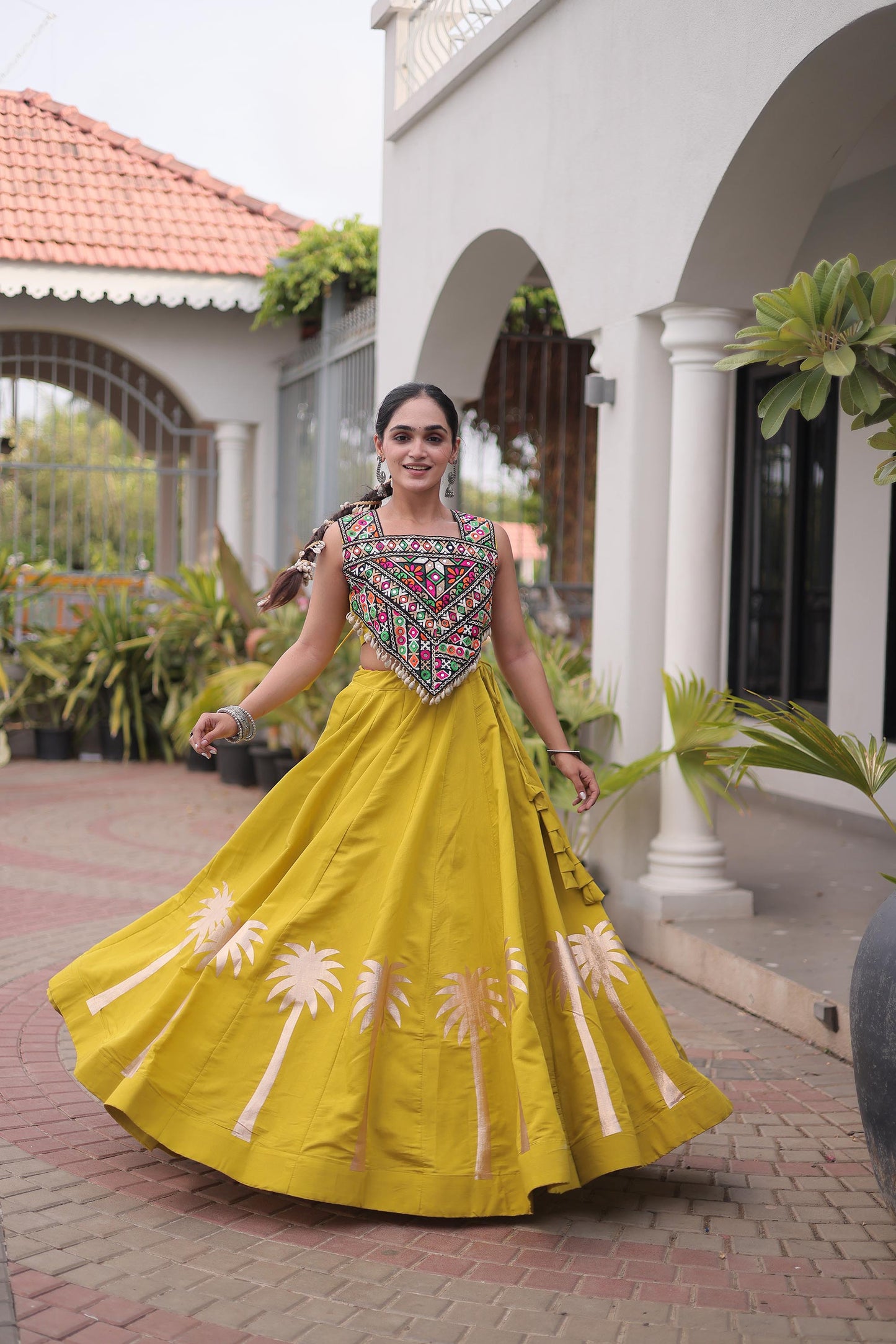 Yellow Roman Silk Kutchi Gamthi Embroidered & Gota Work Navratri Lehenga Choli