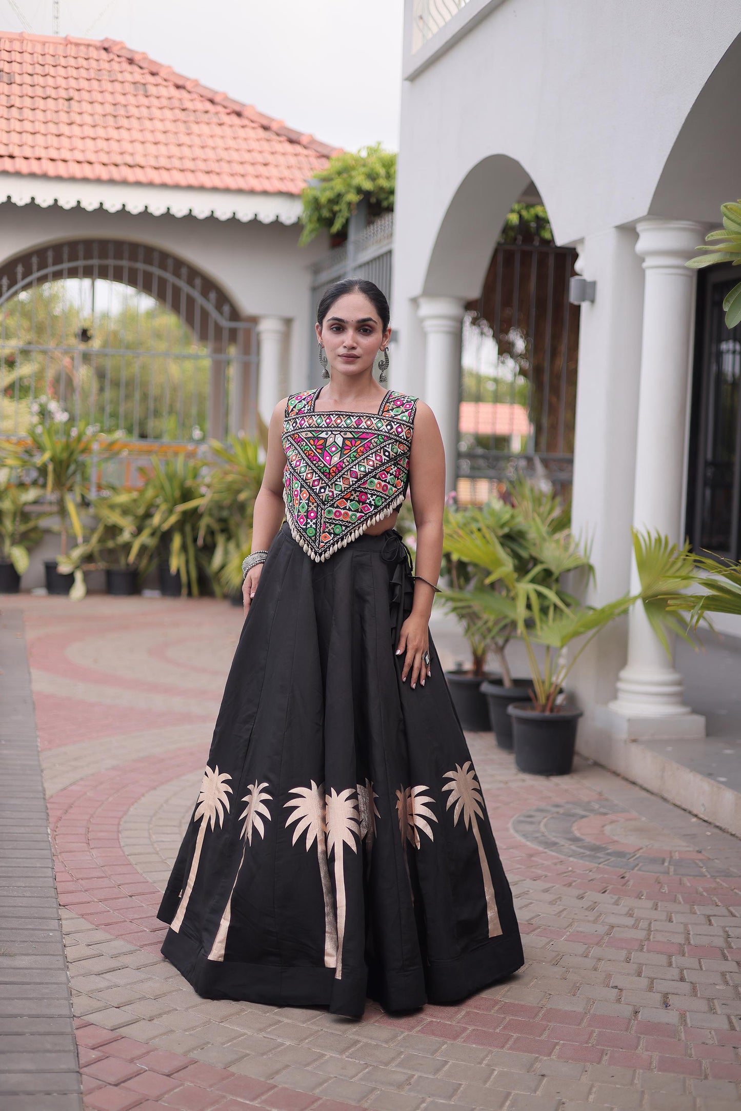 Black Roman Silk Kutchi Gamthi Embroidered & Gota Work Navratri Lehenga Choli