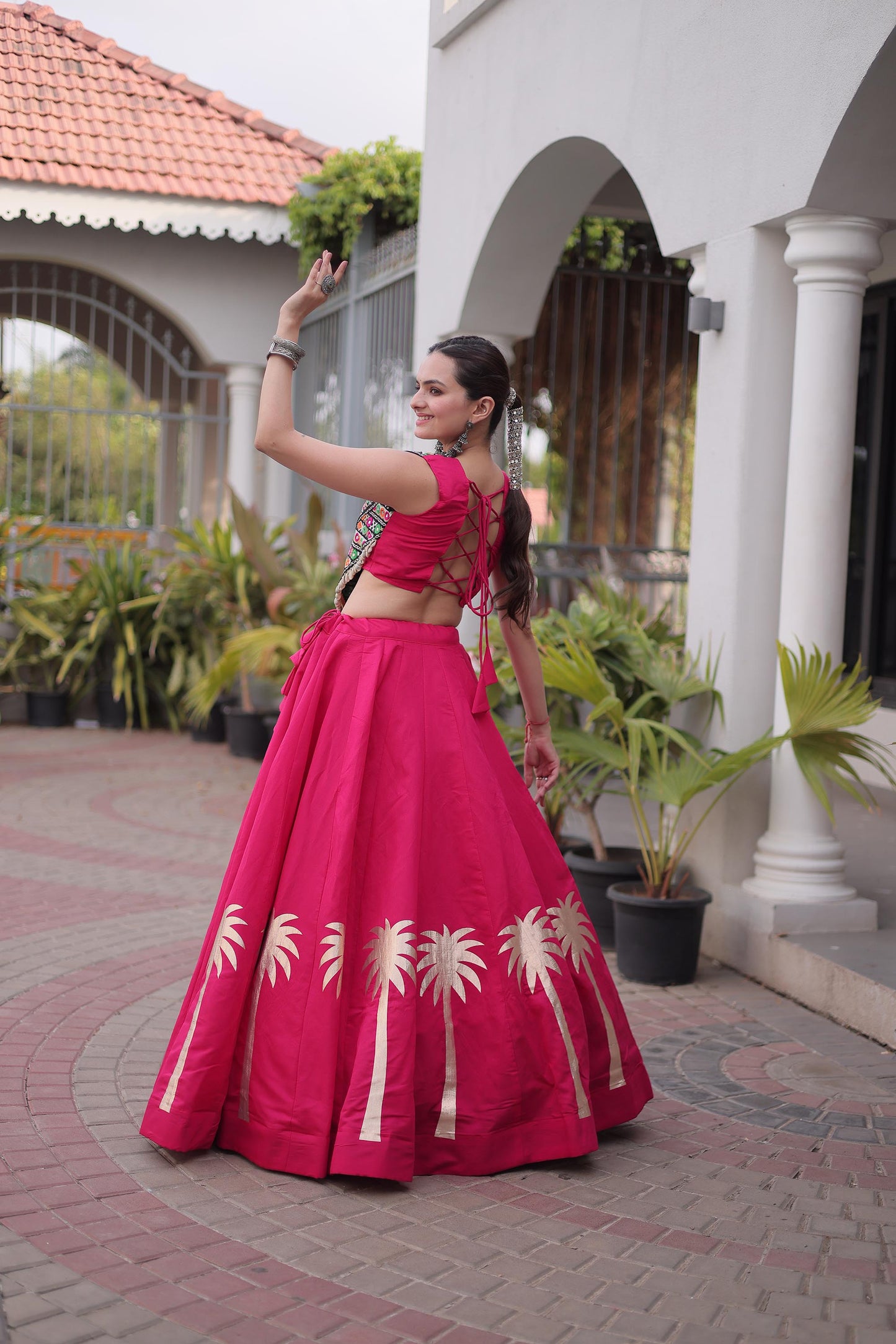 Pink Roman Silk Kutchi Gamthi Embroidered & Gota Work Navratri Lehenga Choli