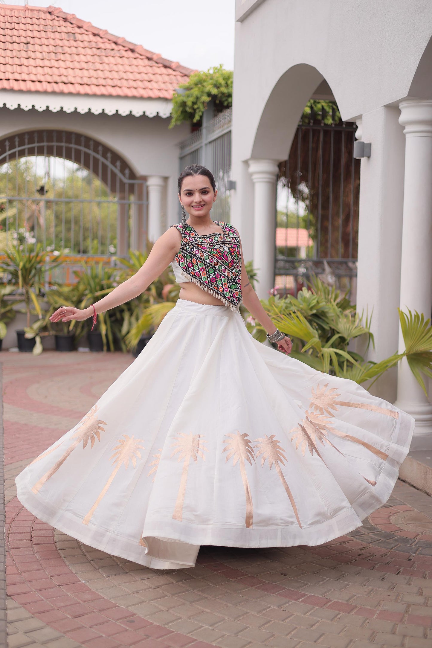 White Roman Silk Kutchi Gamthi Embroidered & Gota Work Navratri Lehenga Choli