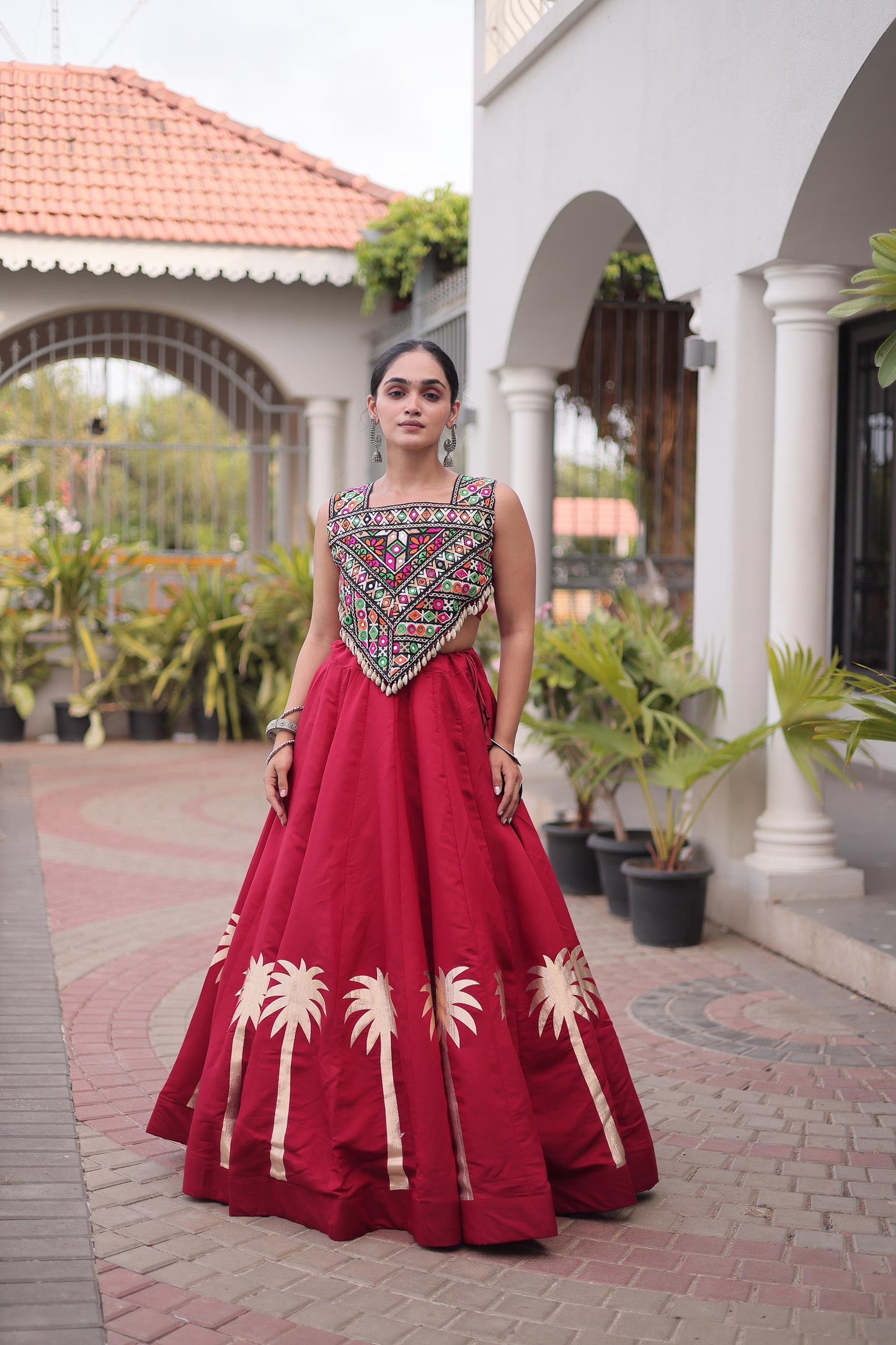 Red Roman Silk Kutchi Gamthi Embroidered & Gota Work Navratri Lehenga Choli