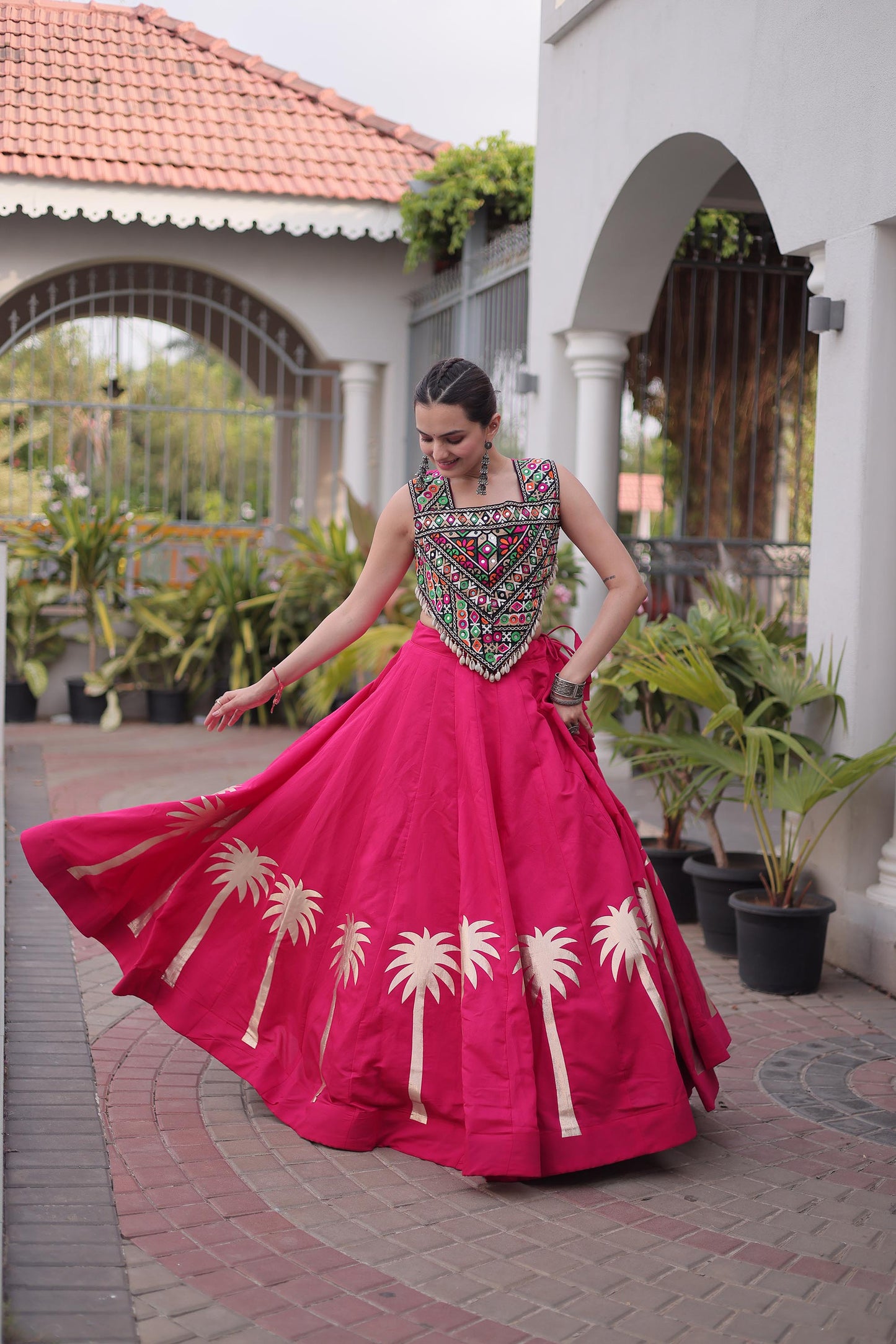 Pink Roman Silk Kutchi Gamthi Embroidered & Gota Work Navratri Lehenga Choli