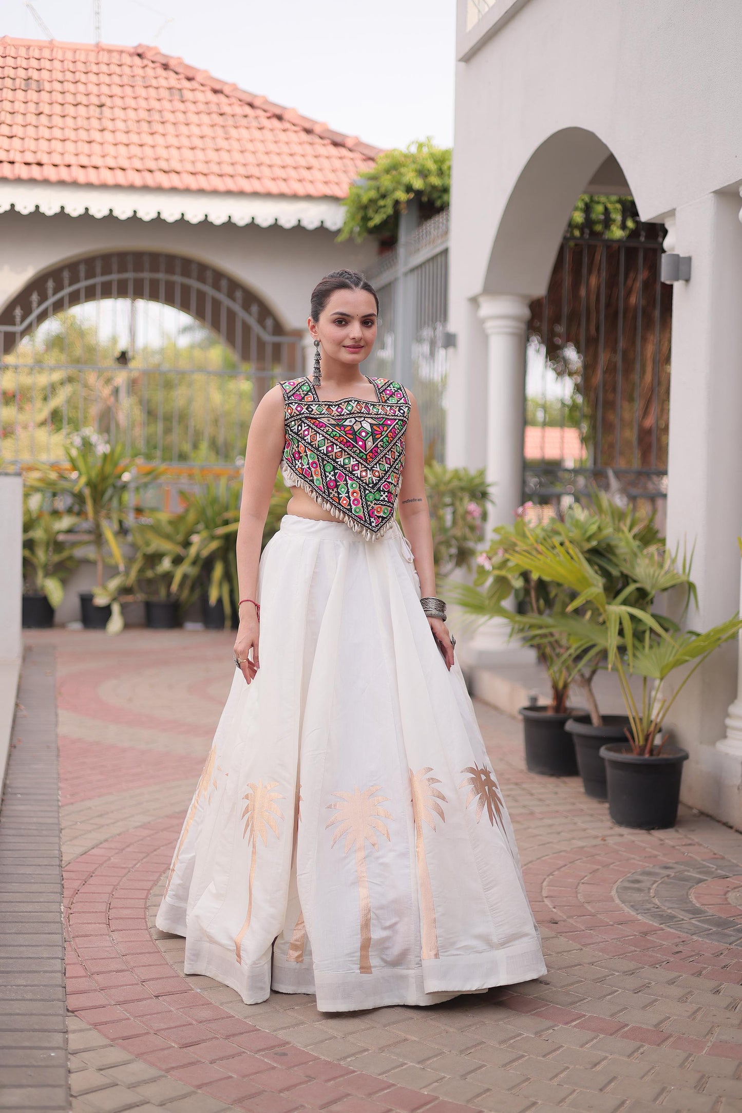 White Roman Silk Kutchi Gamthi Embroidered & Gota Work Navratri Lehenga Choli